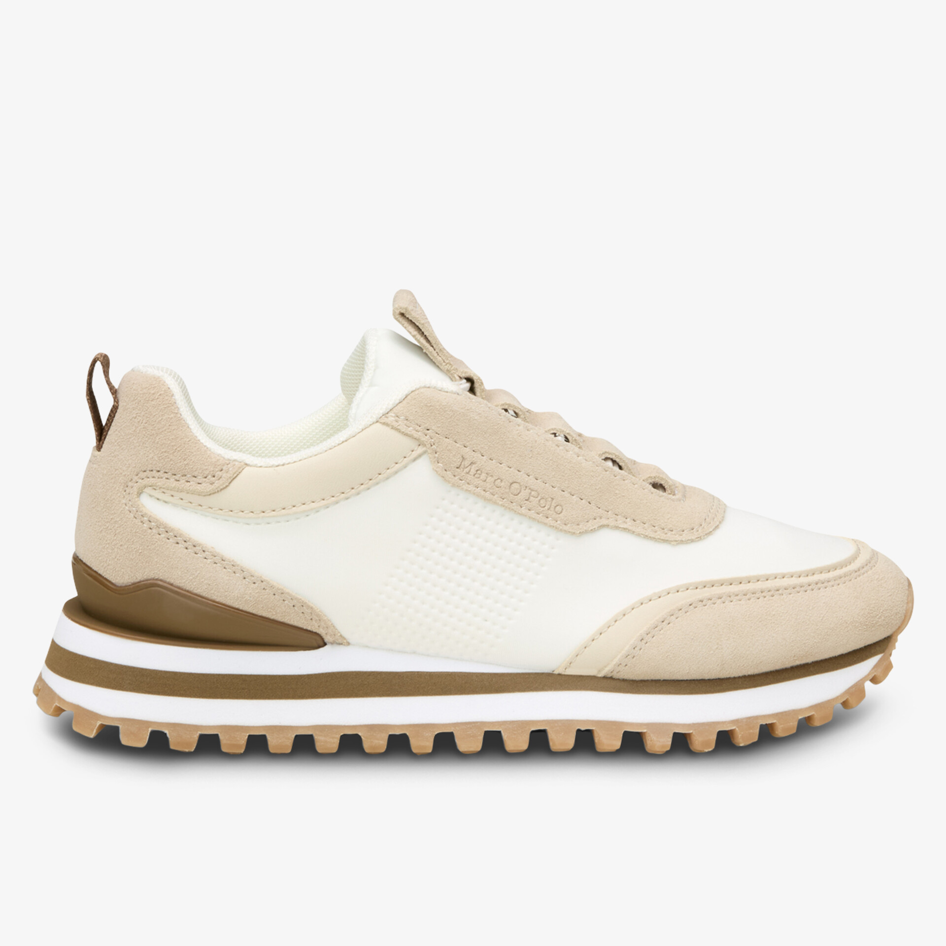 Moderner beiger Sneaker mit seitlicher Ansicht, komfortables Design und robuste rutschfeste Sohle