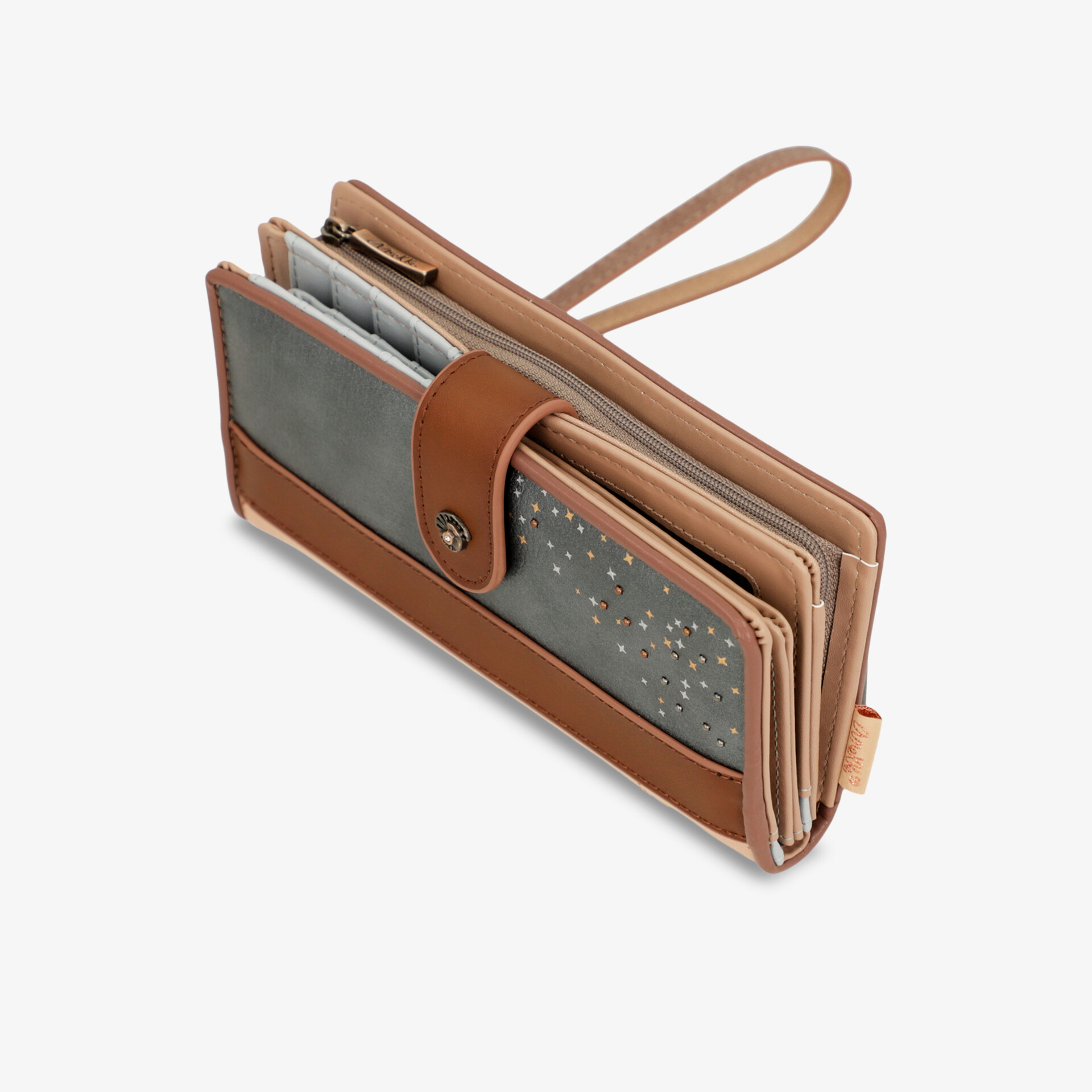 braune handtasche mit mehreren fächern und knopfverschluss, praktische und modische tasche