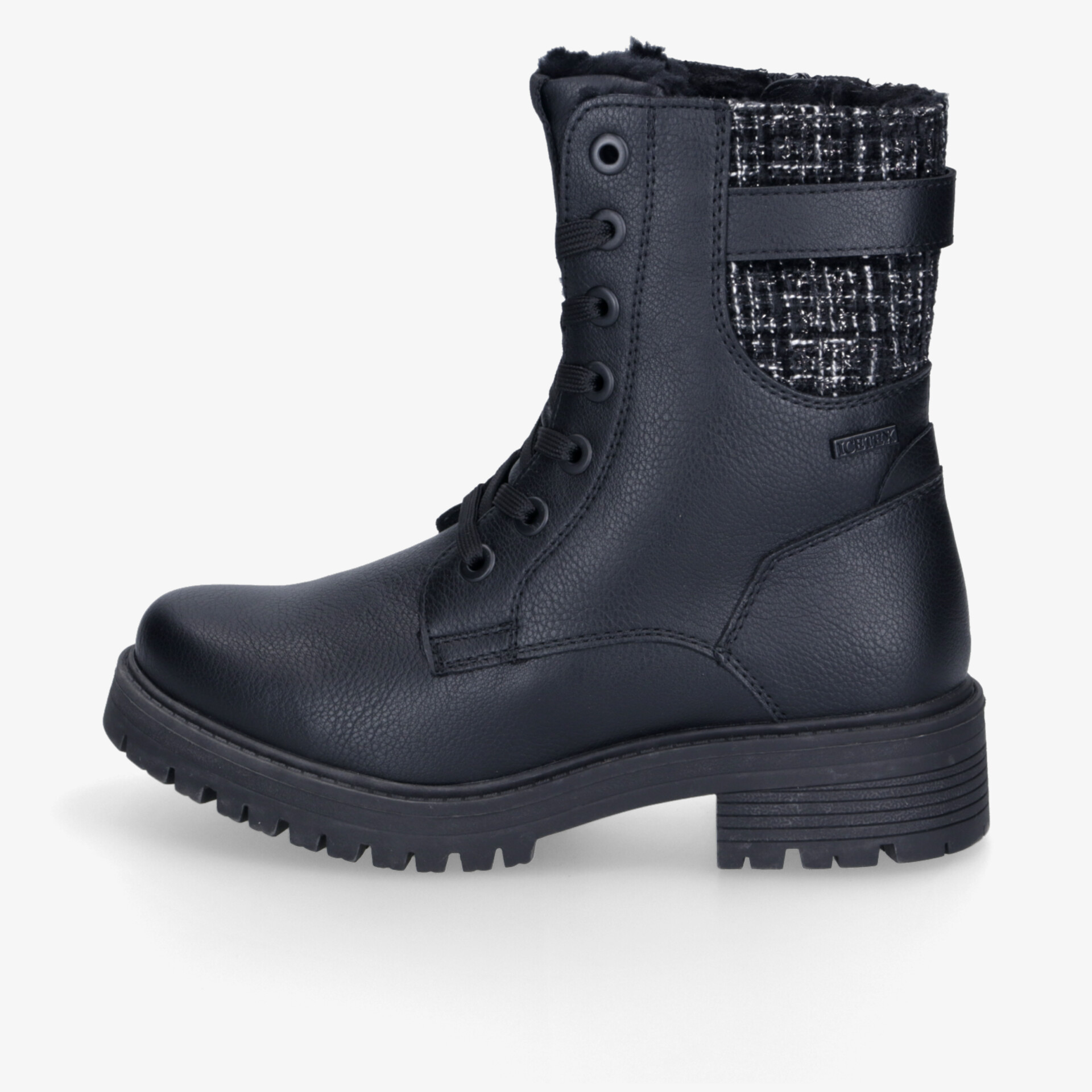 Robuster schwarzer Schnürboot mit warmem Innenfutter und praktischem Klettverschluss für bequemen Halt