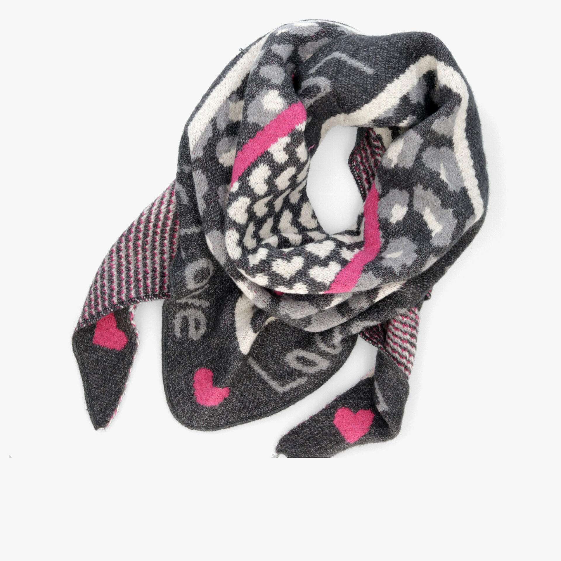 Moderner Schal mit Herzmotiv und stilvollem Design in Grau und Pink, ideal für kalte Tage und modische Outfits.