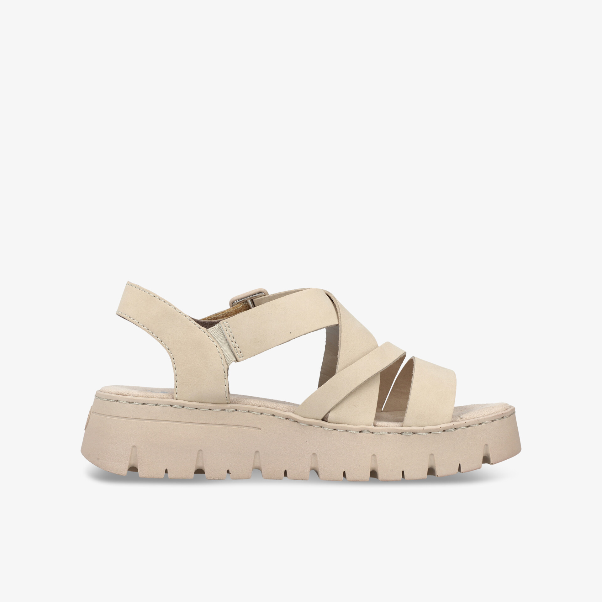 Bequeme beige Sandale mit verstellbaren Riemen und leichter, rutschfester Sohle in seitlicher Ansicht
