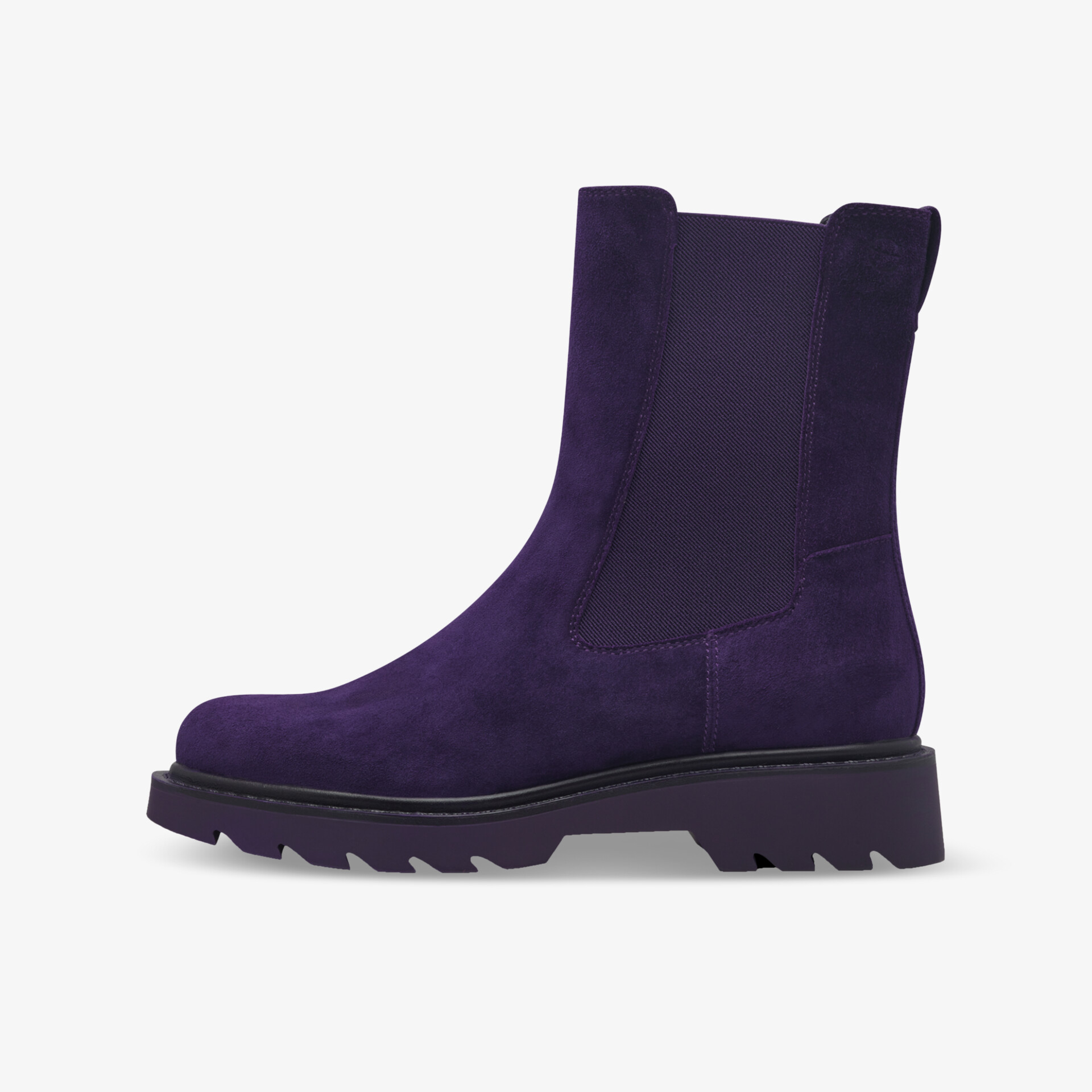 Seitliche Ansicht lila Wildlederstiefel mit elastischem Einsatz und rutschfester Profilsohle, bequem und robust