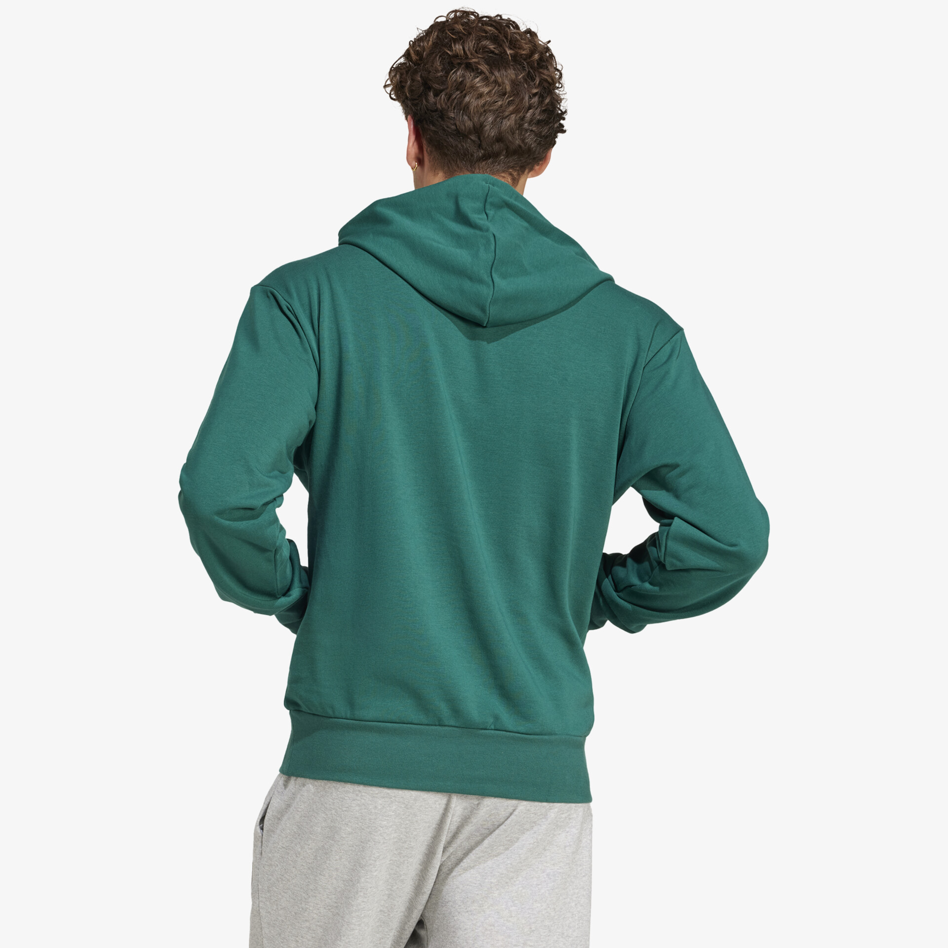 Grüner Kapuzenpullover mit klassischer Passform und bequemem Material, Rückansicht auf neutralem Hintergrund