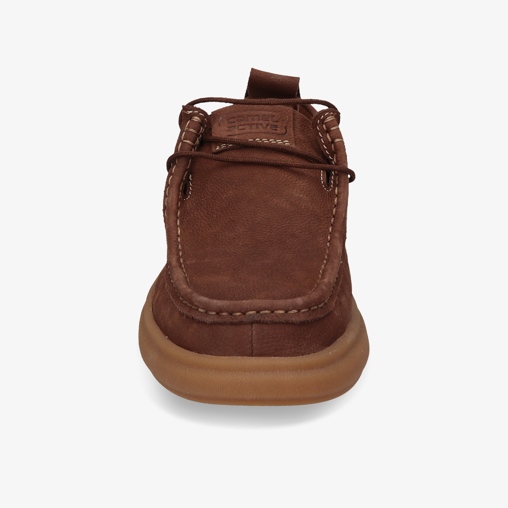 Frontansicht brauner Schuh aus hochwertigem Leder mit bequemer Passform und langlebiger Gummisohle