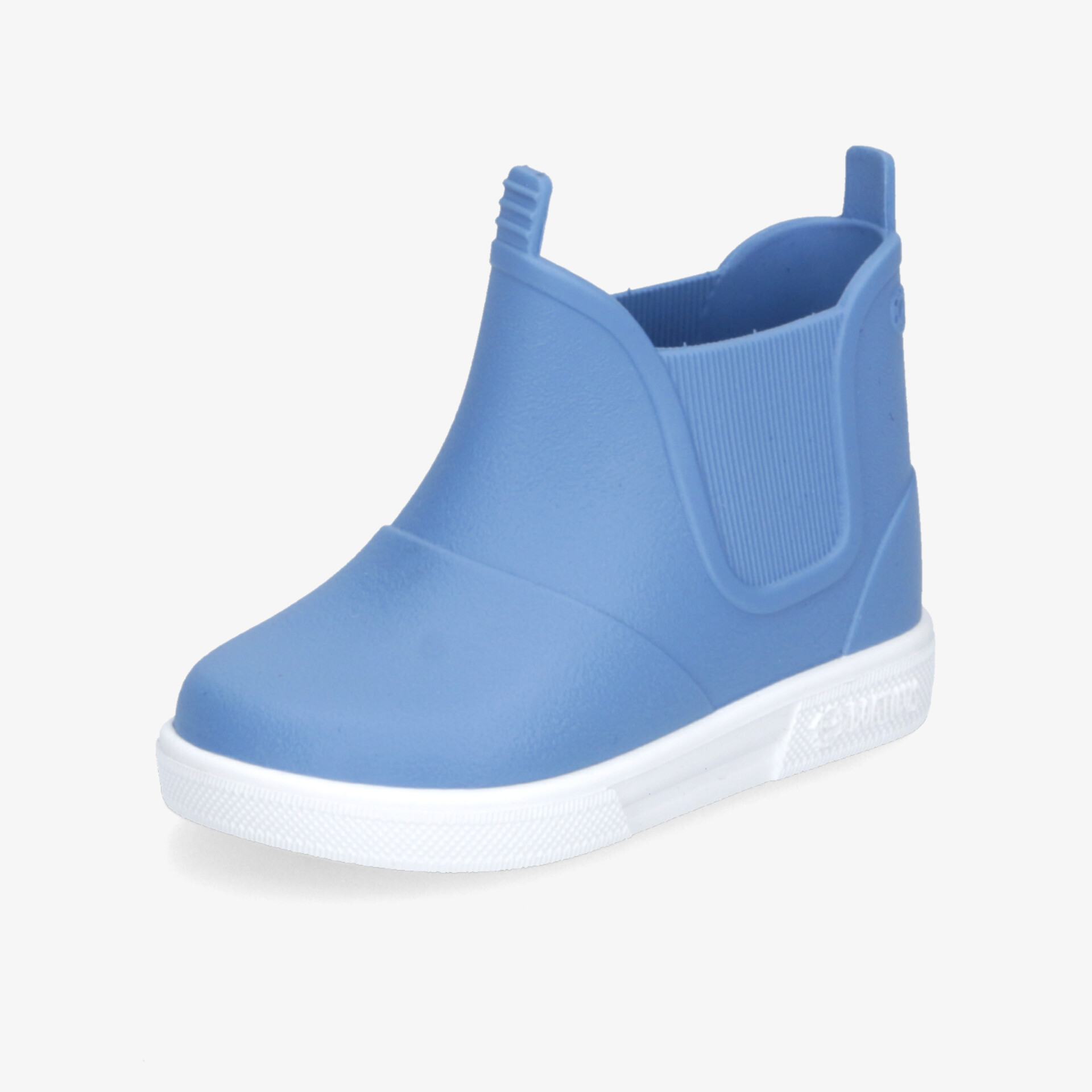 Moderner blauer Schuh in schräg vorne Ansicht mit flexiblem Design und rutschfester weißer Sohle