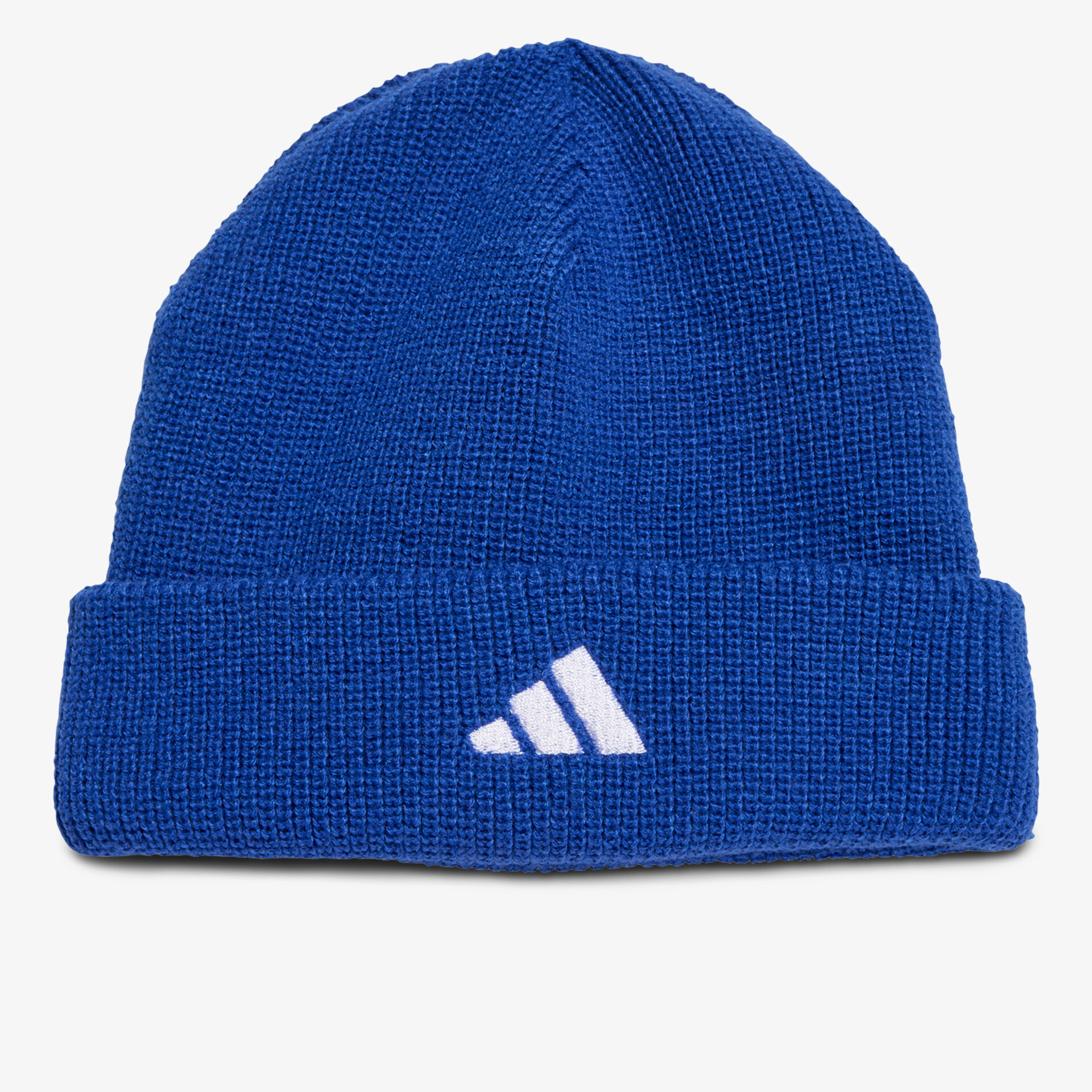 Warme blaue Strickmütze mit adidas-Logo, sportlich und bequem, ideal für kaltes Wetter
