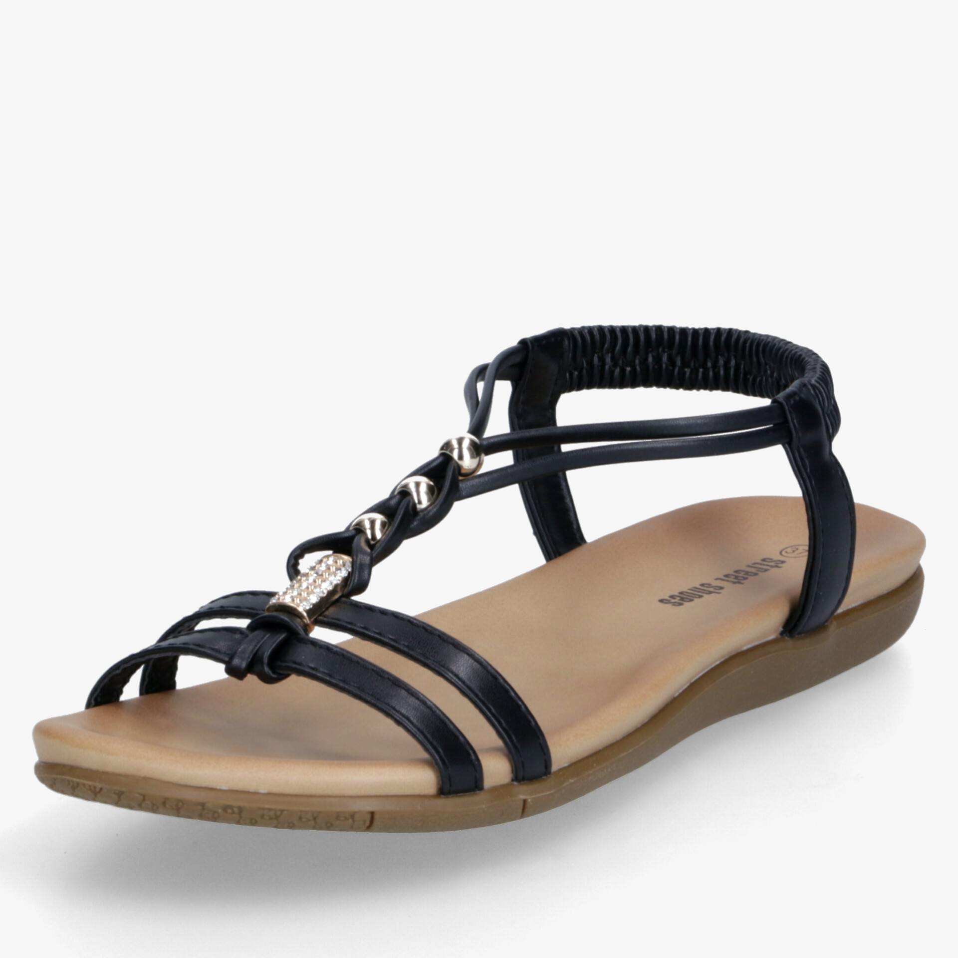 Elegante schwarze Sandale mit Riemchen und Schmuckdetail, flach und bequem für den sommerlichen Alltag