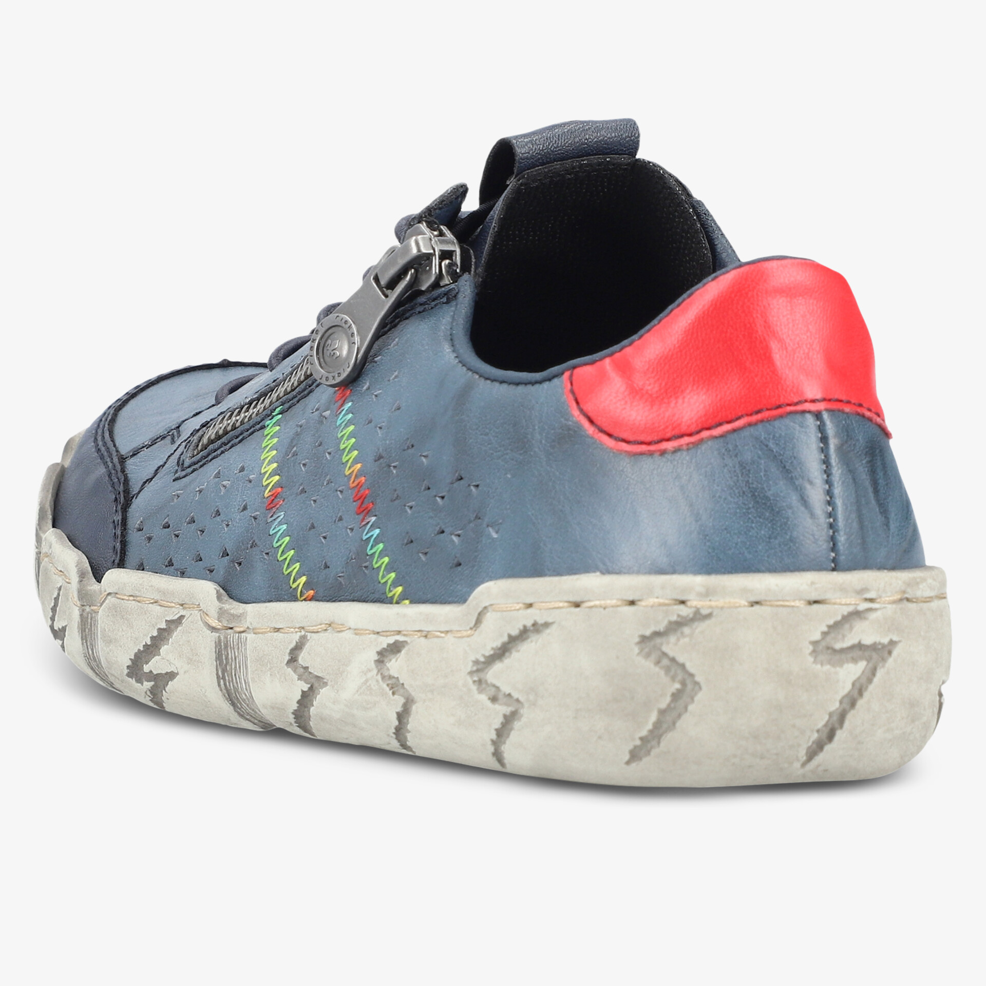 Sportlicher und bequemer Lederschnürschuh in Blau mit rotem Akzent hinten und robuster, gemusterter Sohle