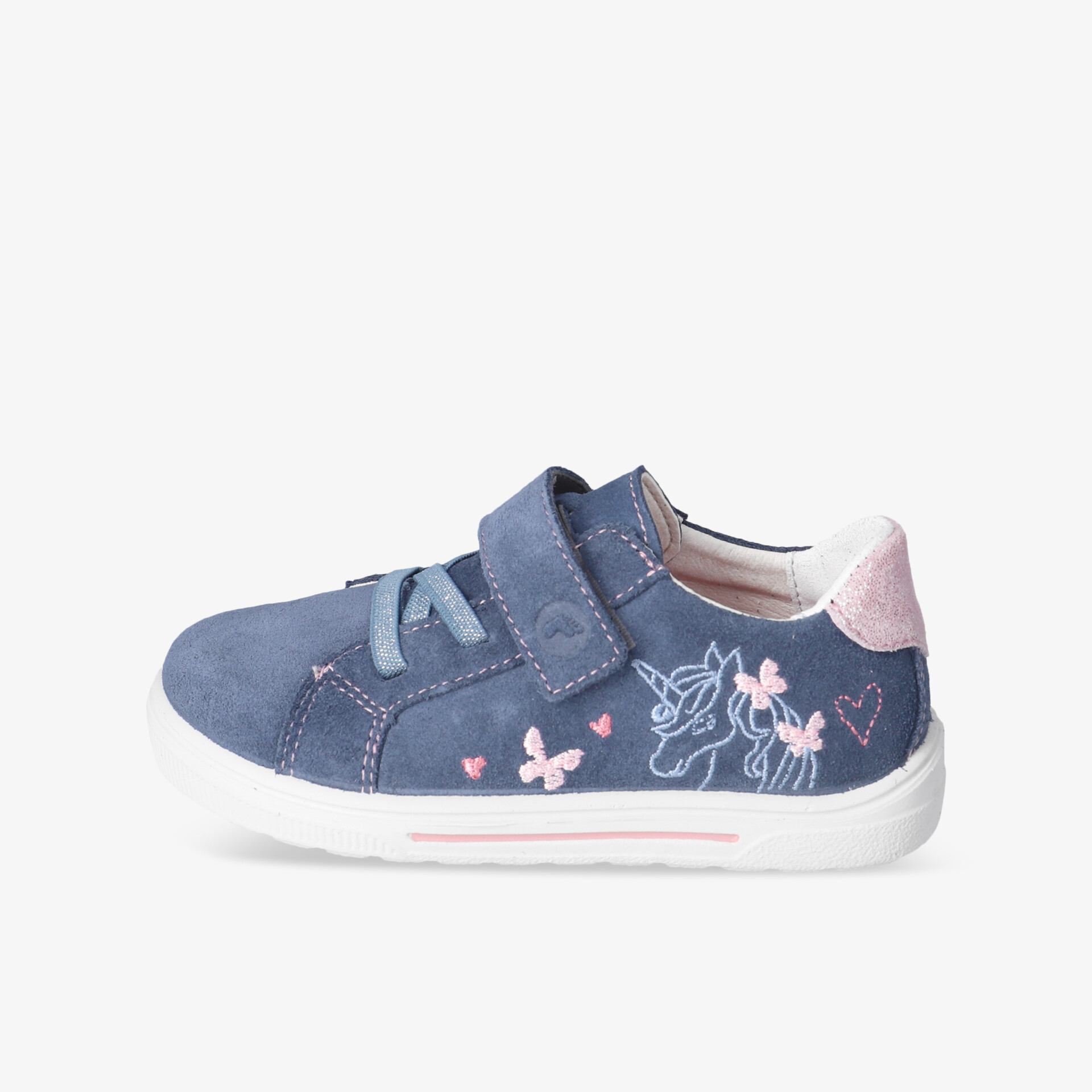 Kinderschuh in jeansblau mit praktischen Klettverschlüssen und dekorativer Stickerei, flexible und bequeme Sohle