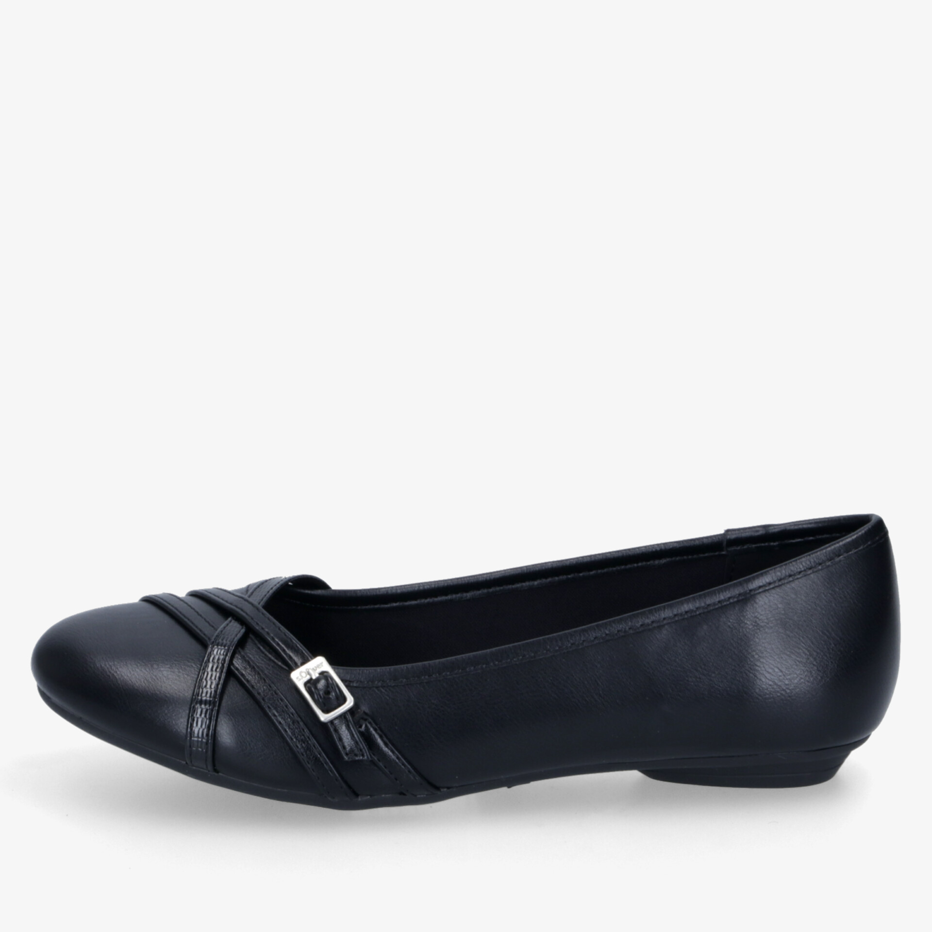 Schwarzer eleganter Lederschuh mit Schnalle, flachem Absatz und bequemer Passform, seitliche Ansicht