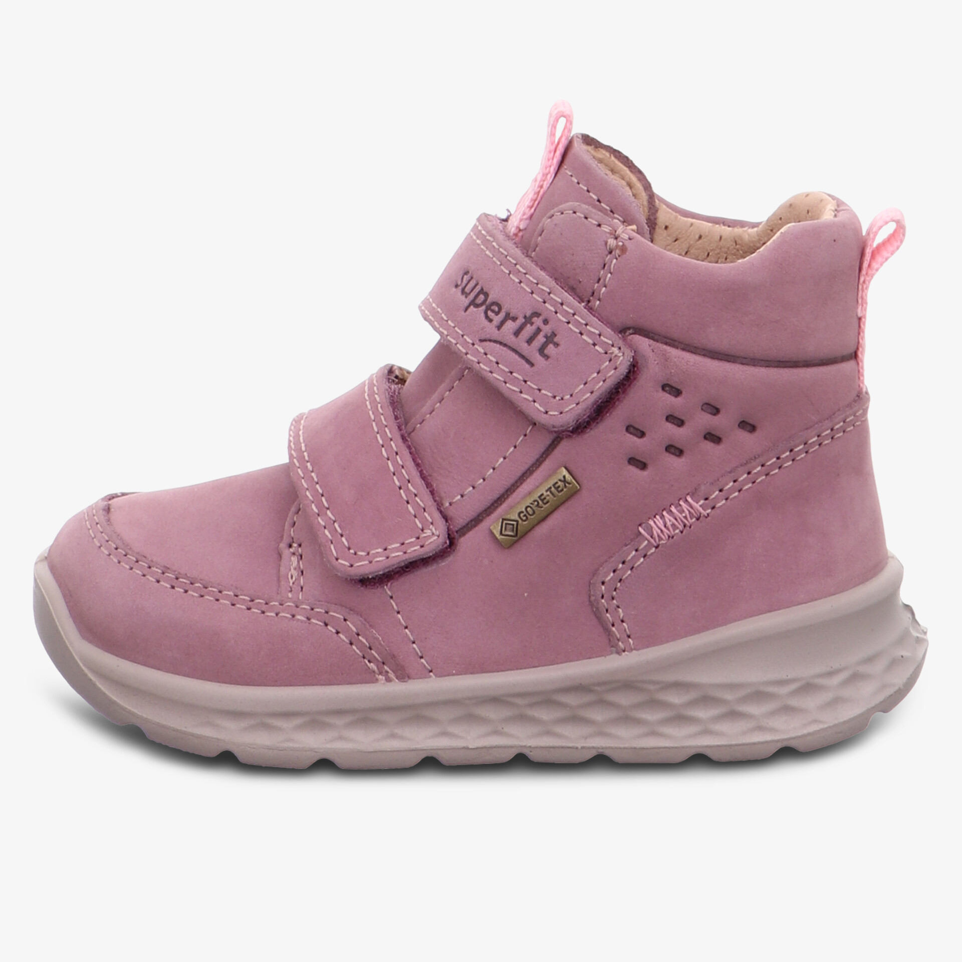 robuster und bequemer Kinderschuh mit Klettverschlüssen und profilierter Sohle, seitliche Ansicht