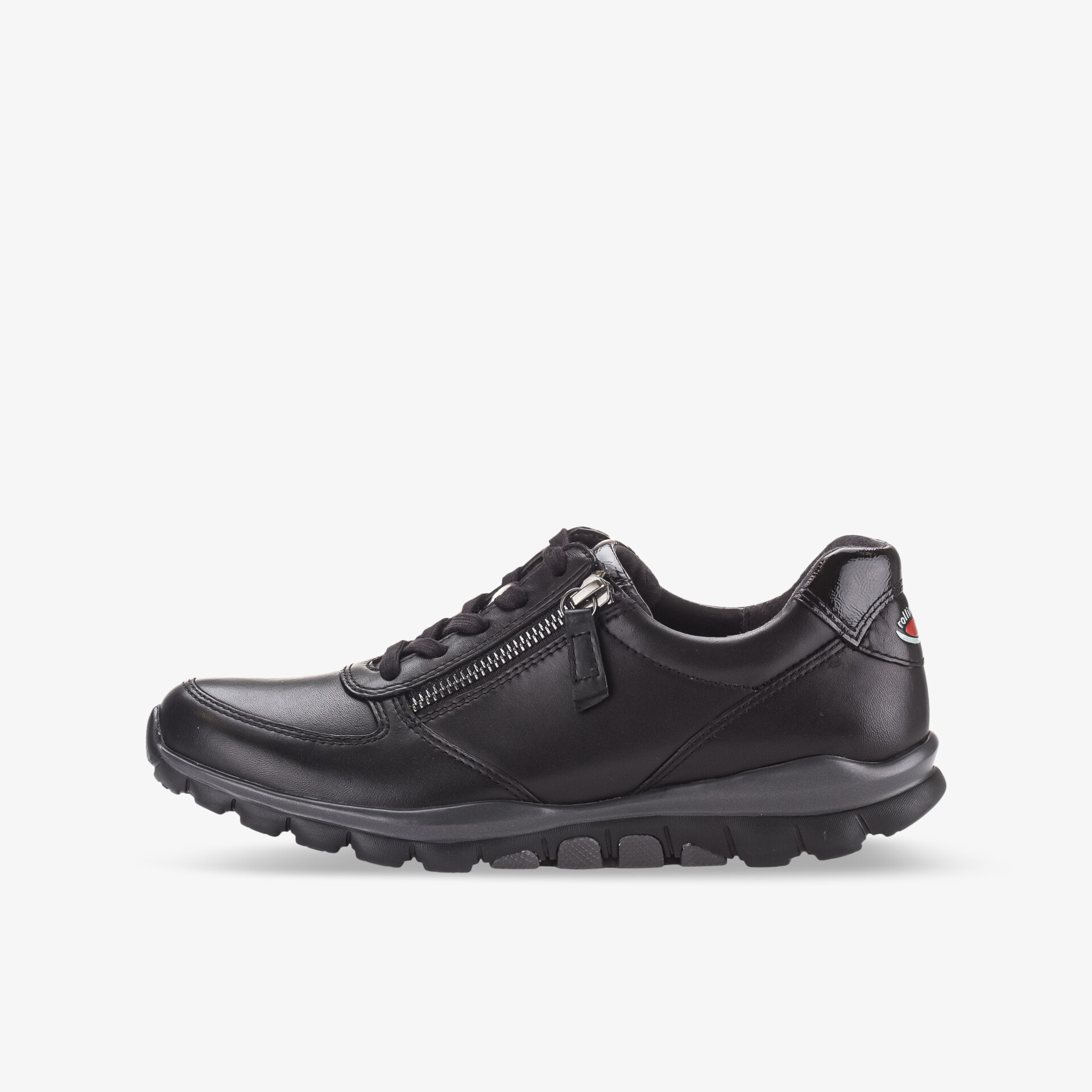 Schwarzer, bequemer Schuh mit robustem Profil und Reißverschluss, ideal für Alltag und Outdoor-Aktivitäten.
