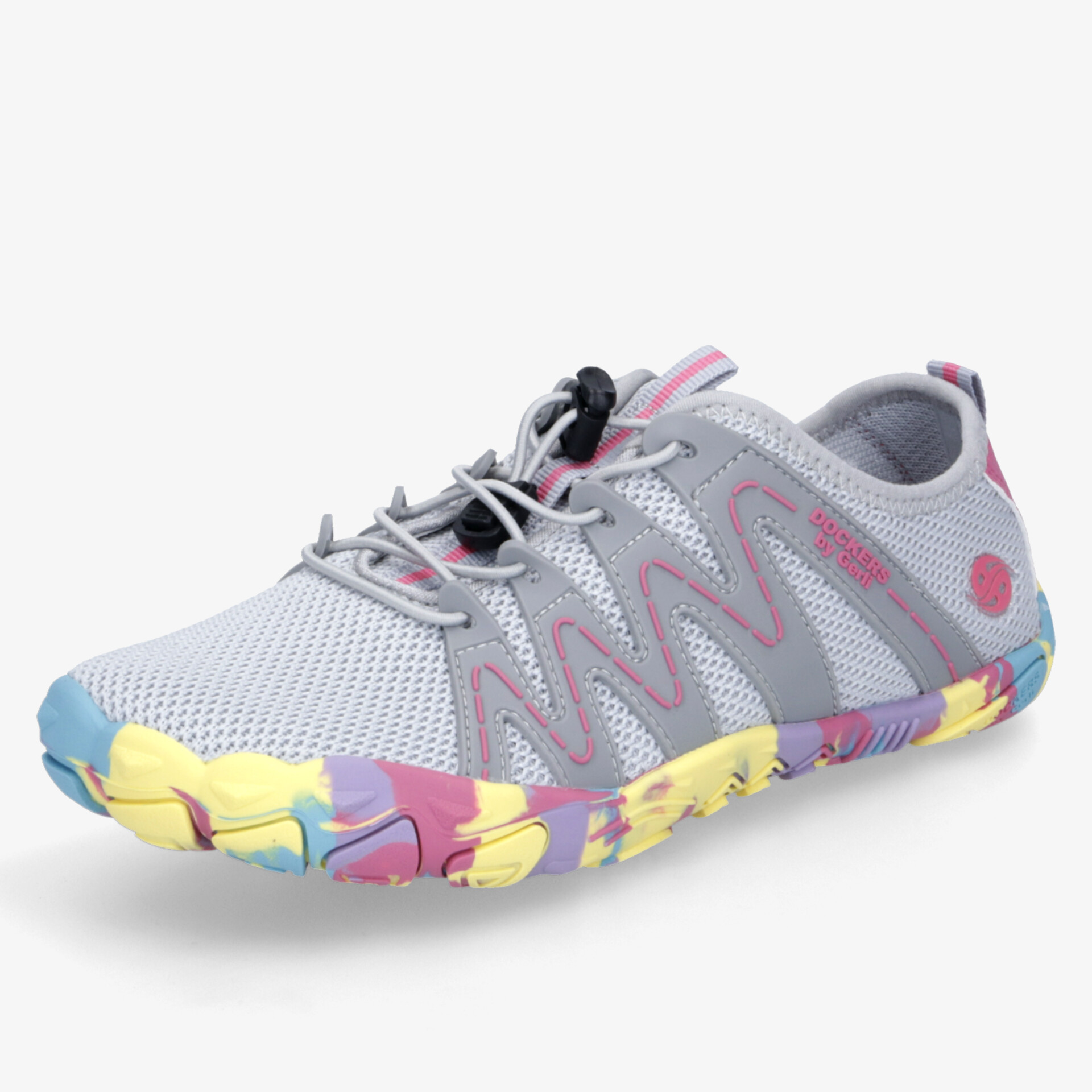 leichter barfußschuh mit atmungsaktivem mesh, flexibler und bunter rutschfester Sohle, schnellschnürung