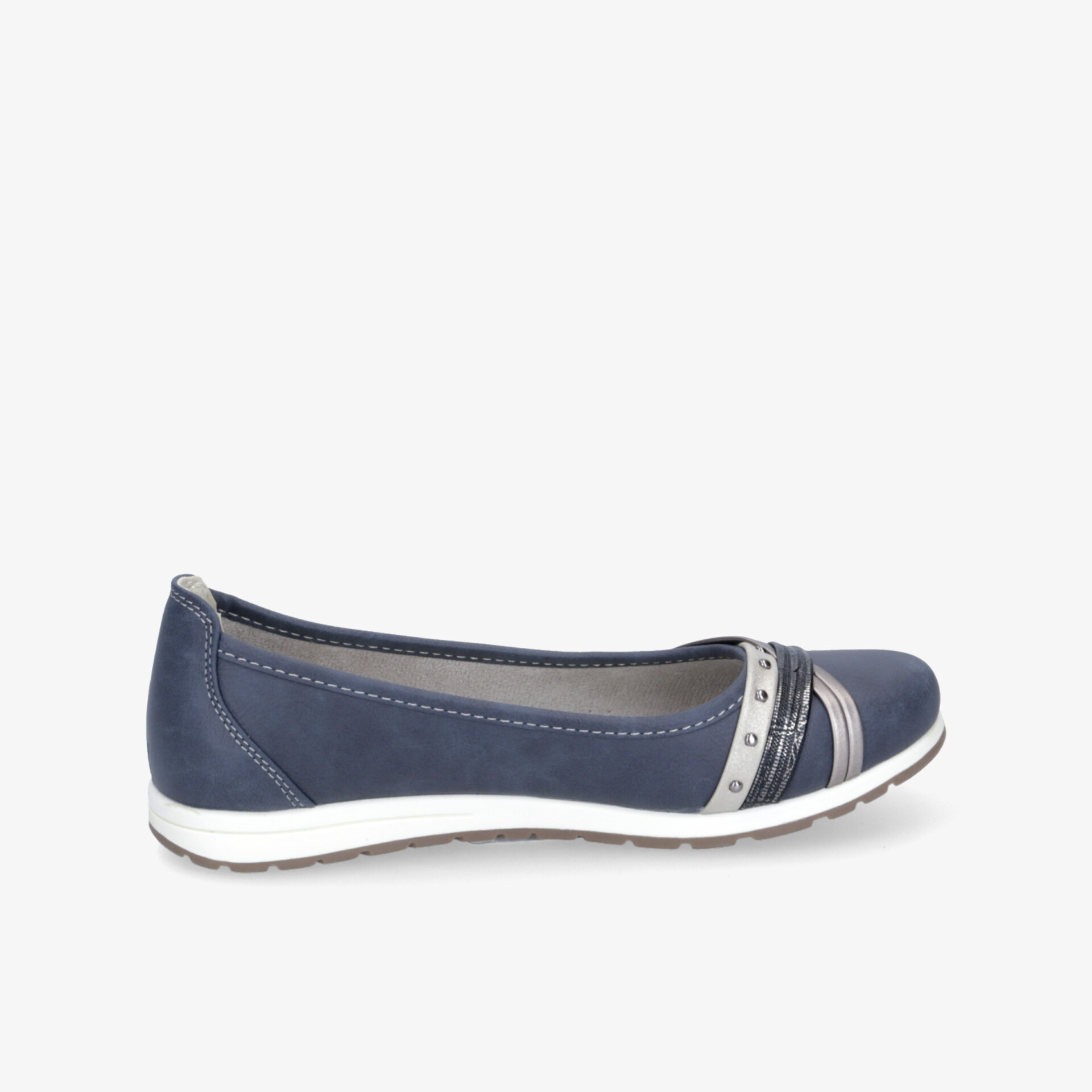 Seitliche Ansicht eines navy blauen flachen Schuhs mit weißen Akzenten und rutschfester Laufsohle