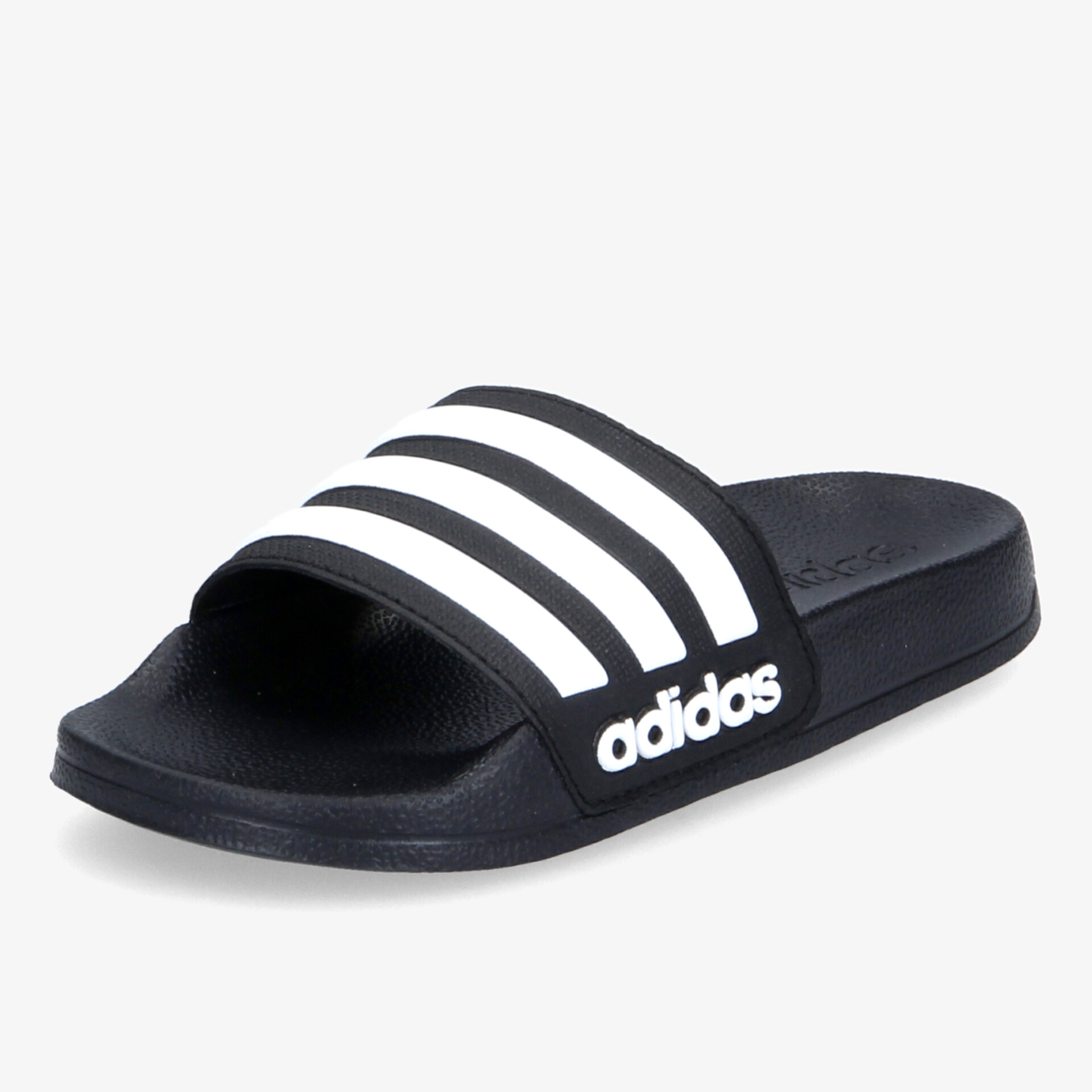 Schwarze Adidas Badelatschen mit weißem Riemen und drei Streifen, komfortabel und leicht für Freizeit und Alltag