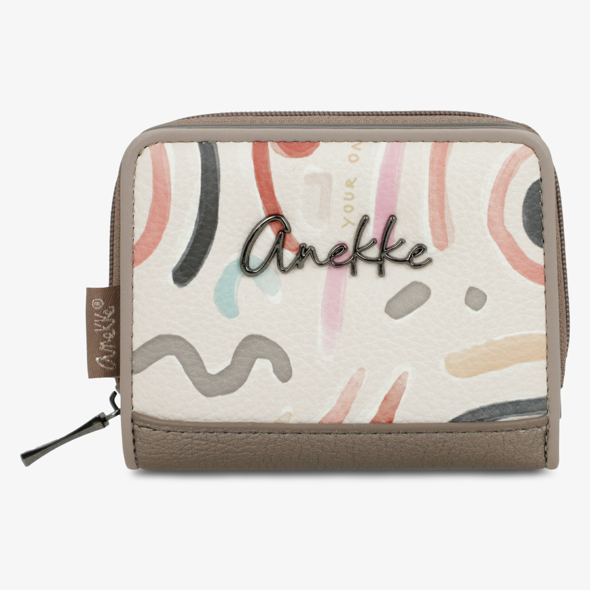 Hochwertige kompakte Geldbörse mit farbigem abstraktem Design und robustem Reißverschluss.