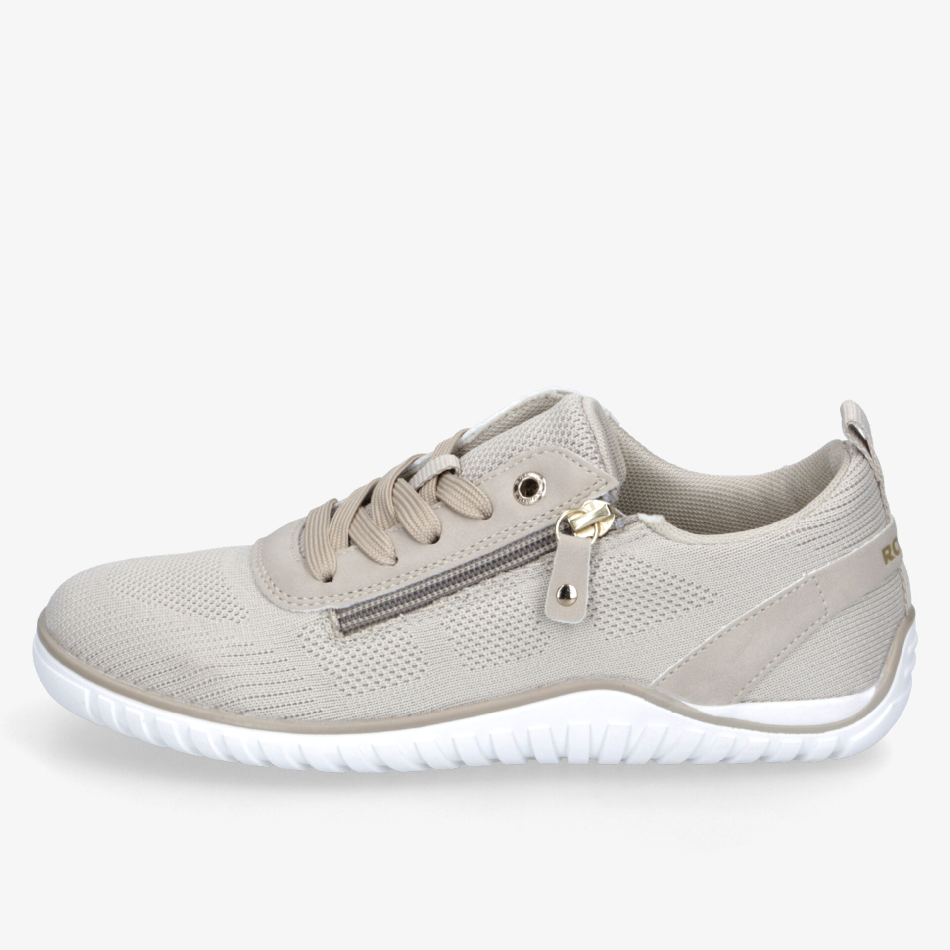 Leichter, atmungsaktiver Sneaker mit Reißverschluss und rutschfester flexible Sohle in beiger Farbe, seitliche Ansicht