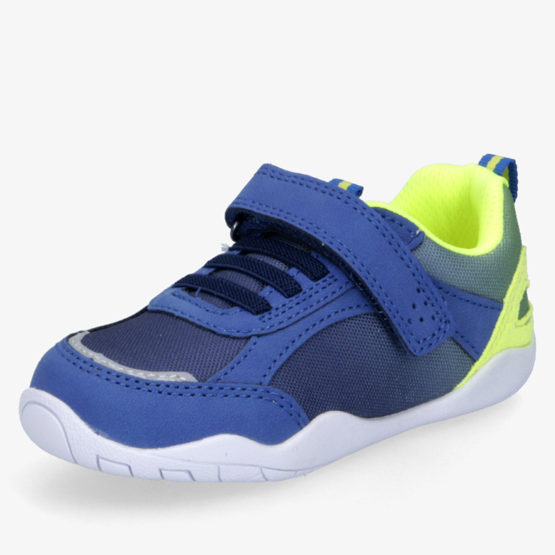 Sportlicher blauer Schuh mit elastischem Material, gepolstertem Innenbereich und rutschfester Sohle für hohen Tragekomfort