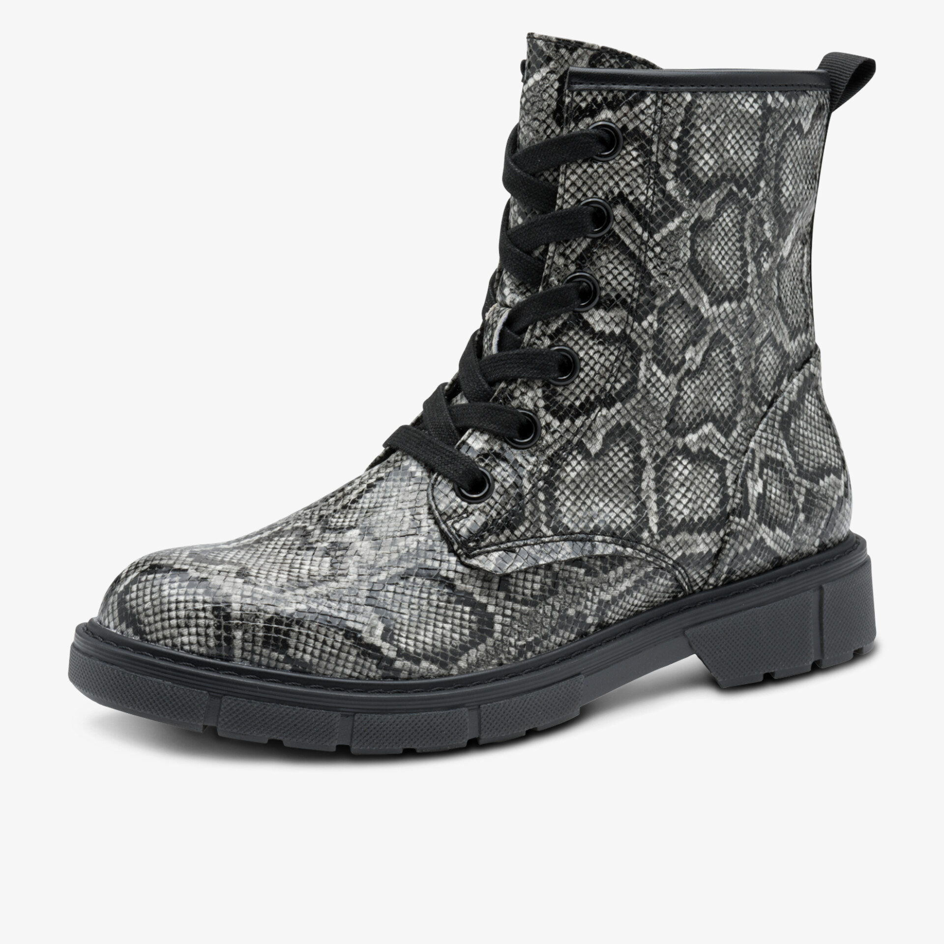 Modischer Schnürstiefel mit trendigem Snake-Muster und robustem Profil-Gummiabsatz für hohen Tragekomfort