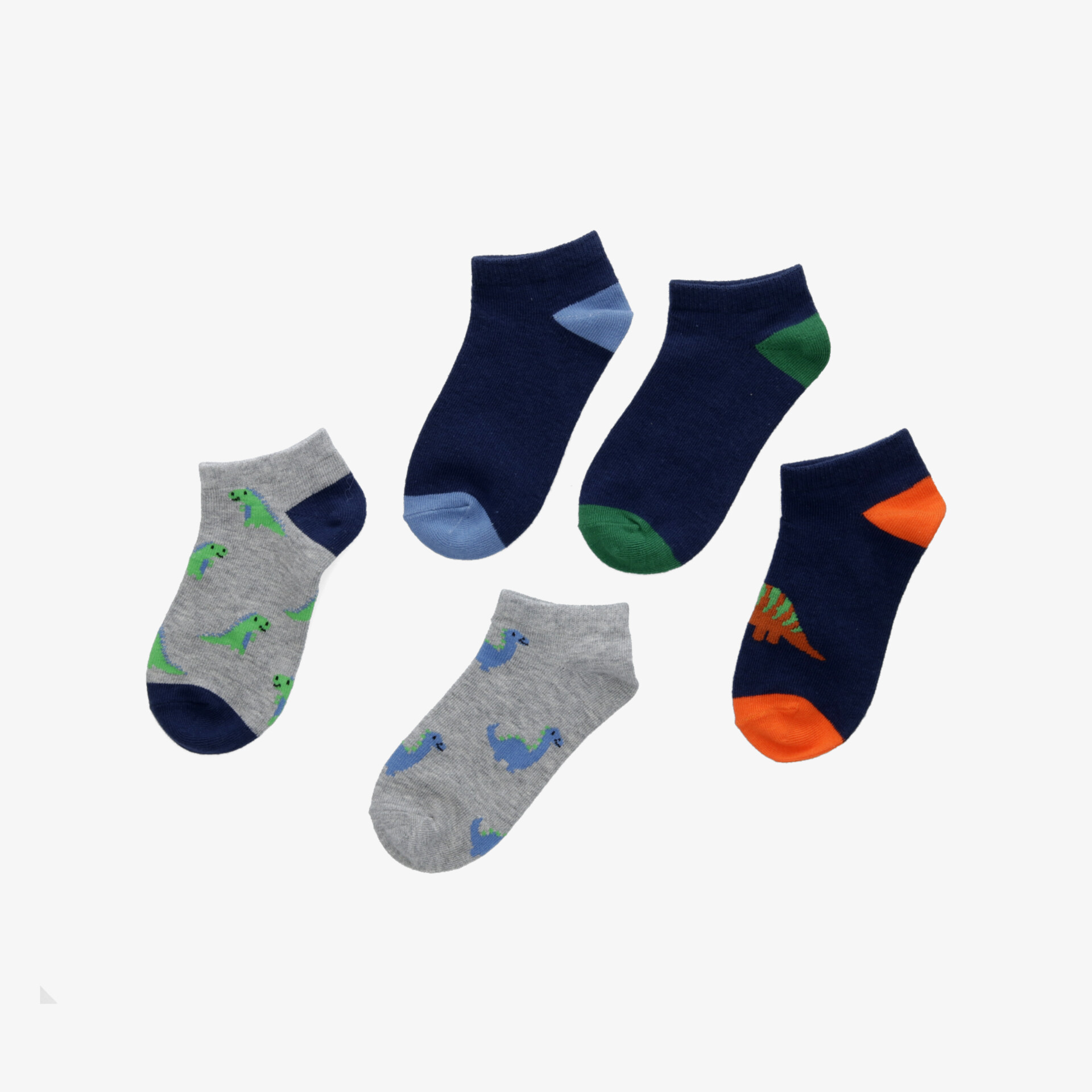 Set aus fünf bunten, komfortablen und atmungsaktiven Kindersocken in verschiedenen Farben und Mustern