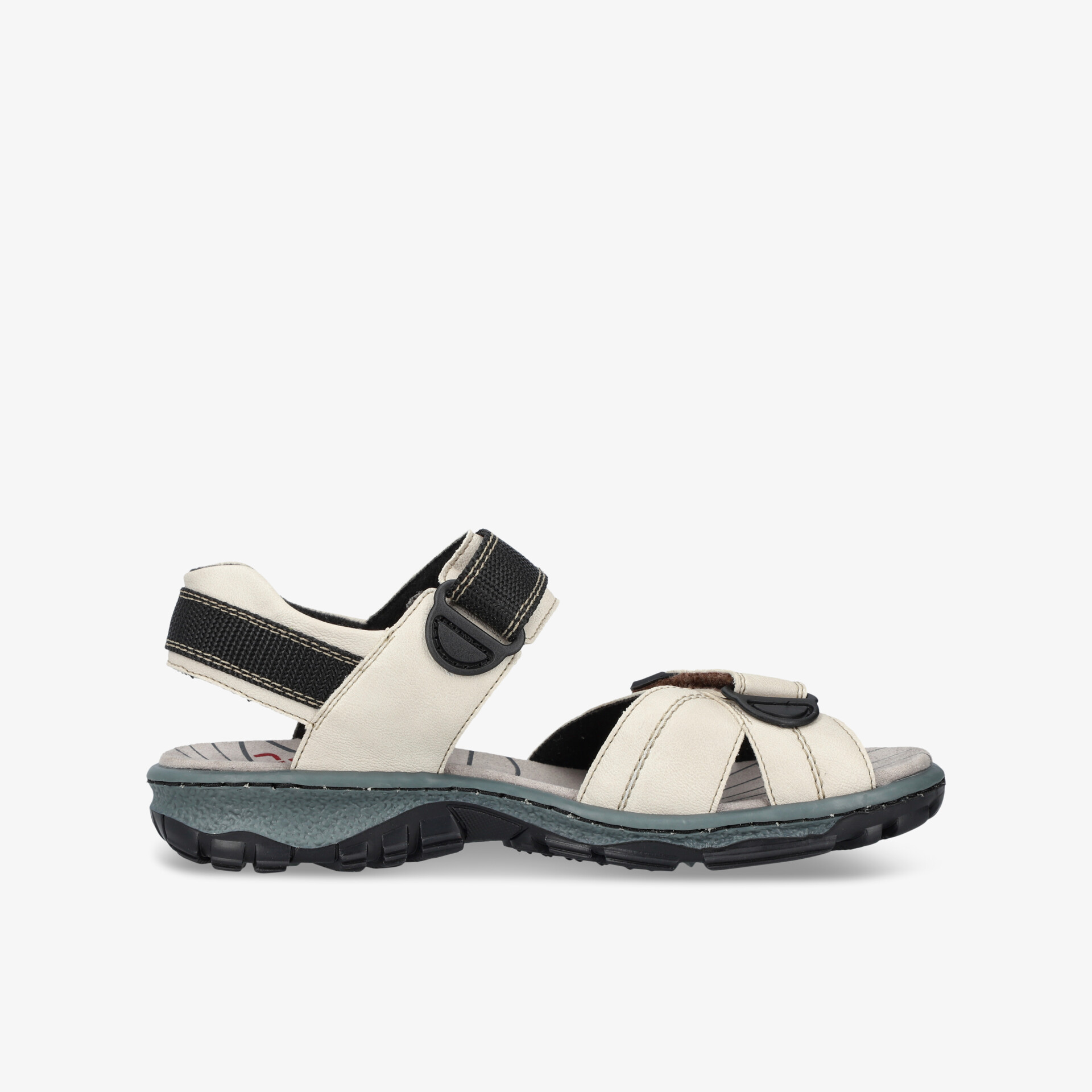 Seitliche Ansicht einer sportlichen, bequemen und verstellbaren Sandale mit rutschfester, flexibler Sohle