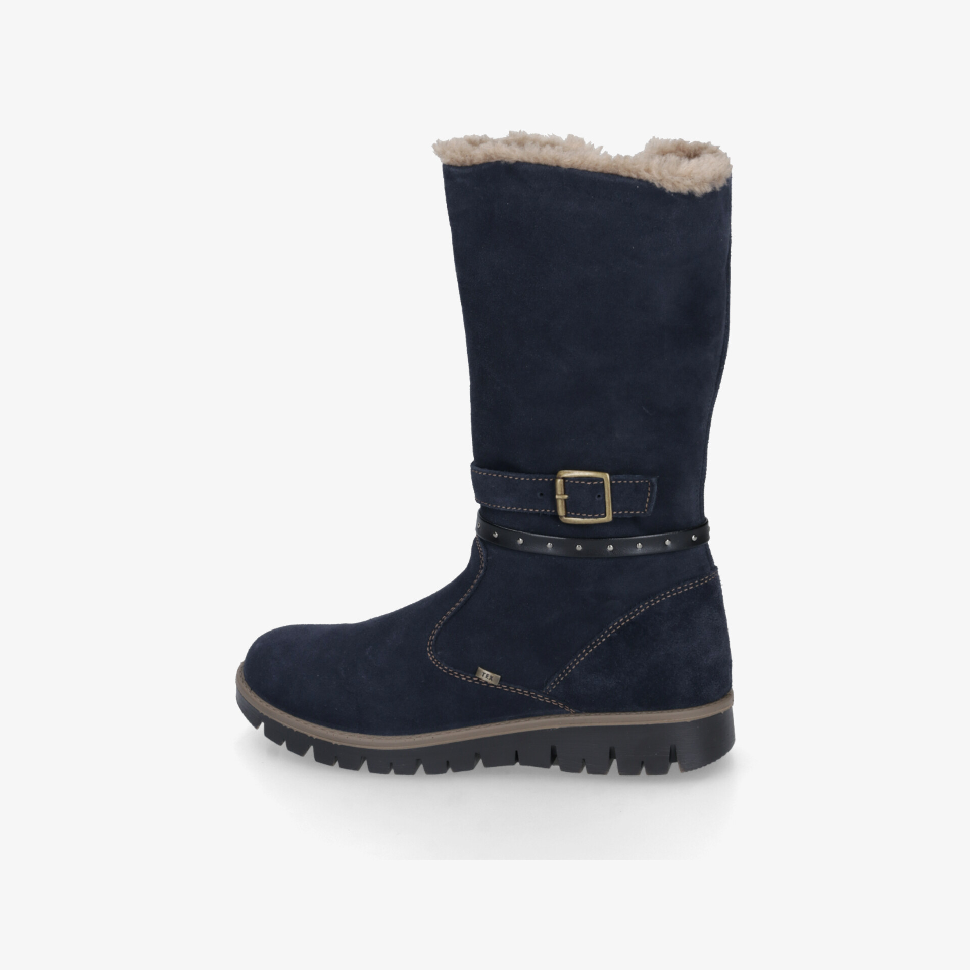 Seitliche Ansicht eines robusten, warm gefütterten Winterstiefels mit rutschfester Sohle und Schnalle