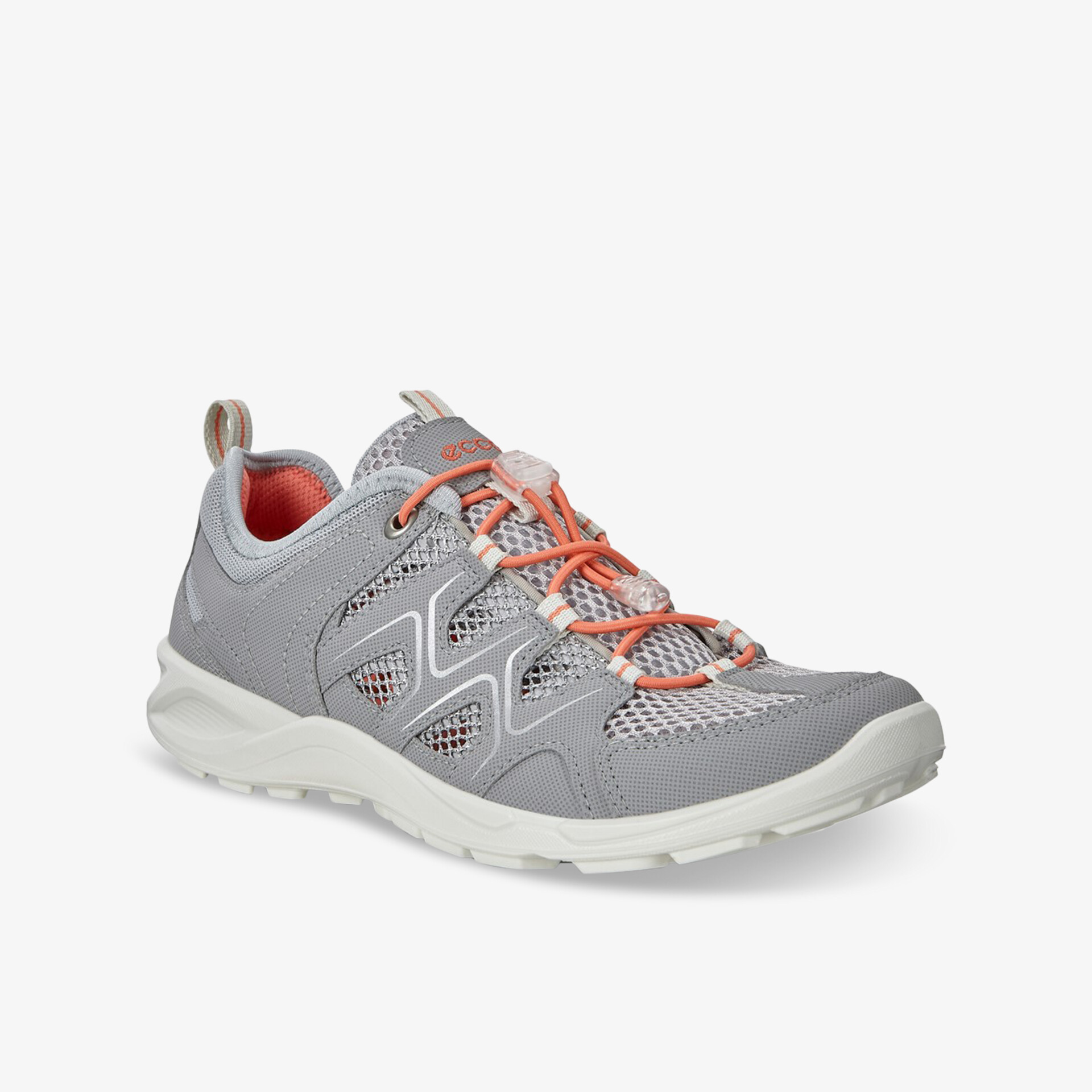 Moderner grauer Sportschuh mit orangefarbenen Akzenten und schnelltrocknendem Material für Komfort und Stil.