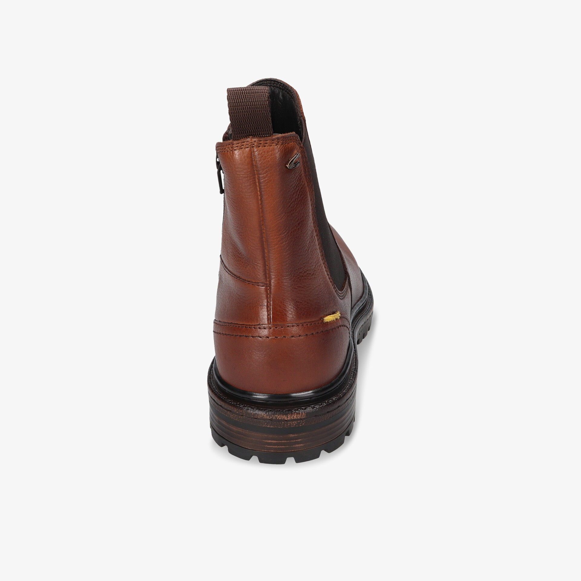 Brauner robuster Lederschuh mit Reißverschluss und profilierter Sohle, Rückansicht, hochwertig und langlebig