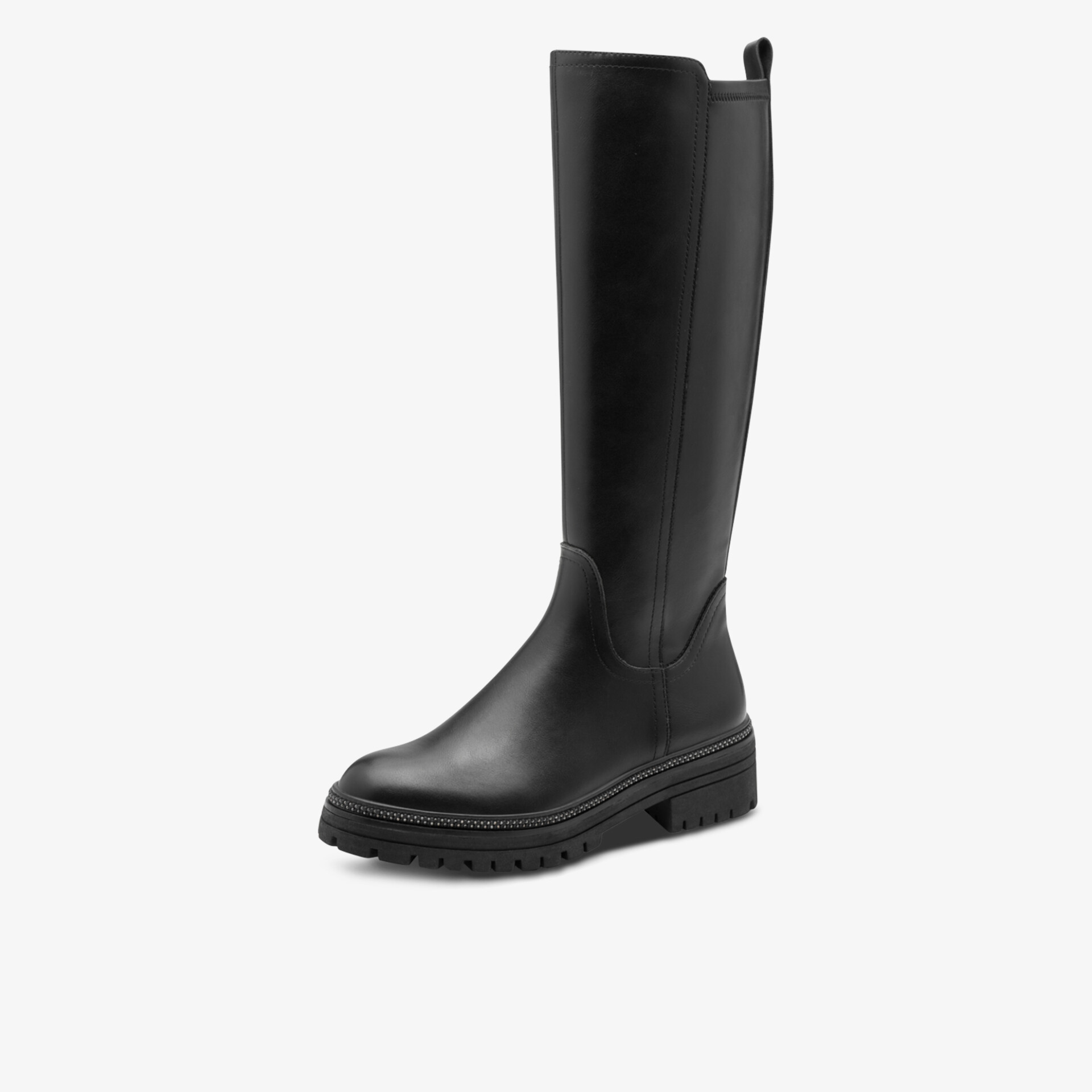 Schwarzer kniehoher Lederstiefel mit bequemer Sohle und robustem Design, elegant und modisch