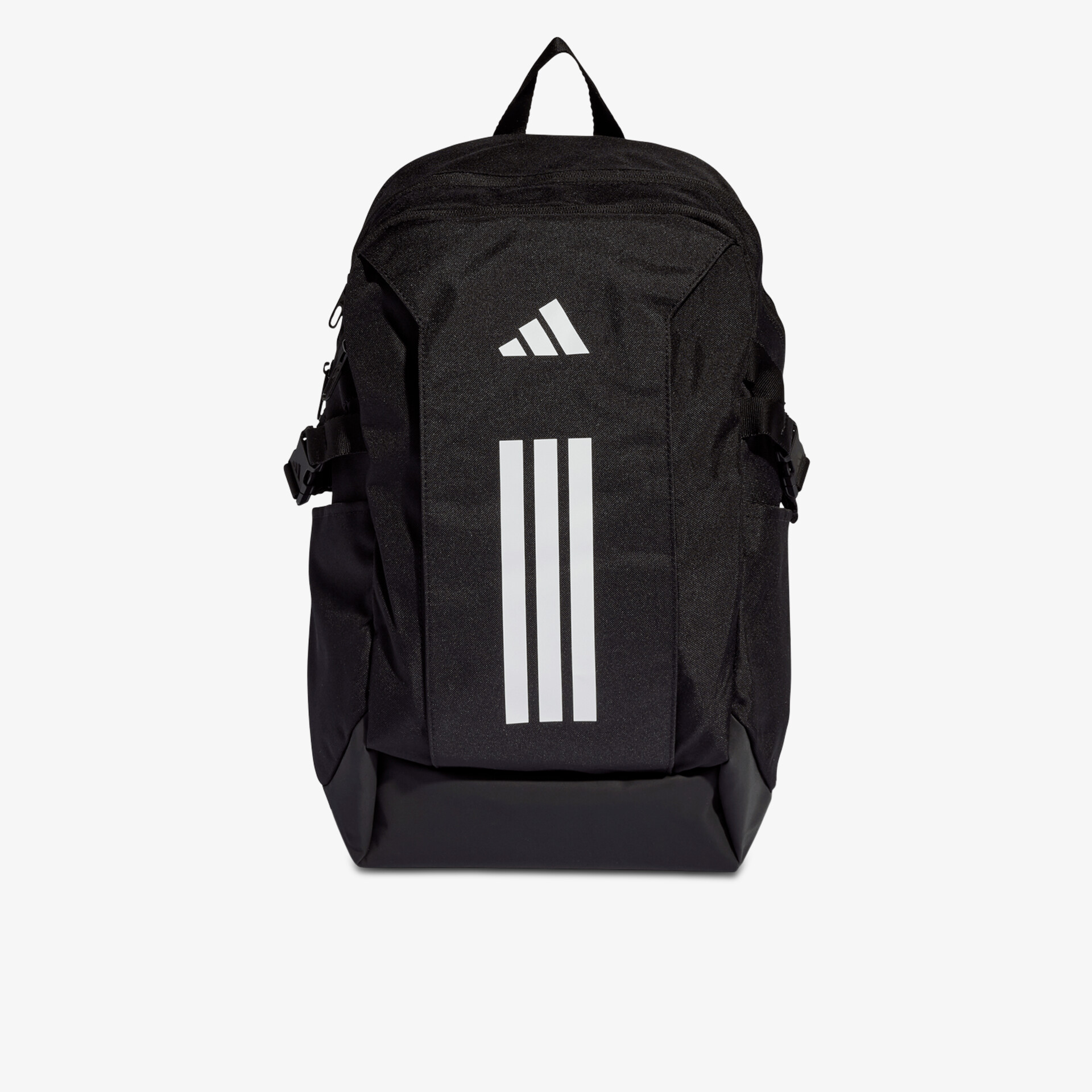 Robuster schwarzer Rucksack mit drei weißen Streifen, verstellbaren Trägern und großem Hauptfach