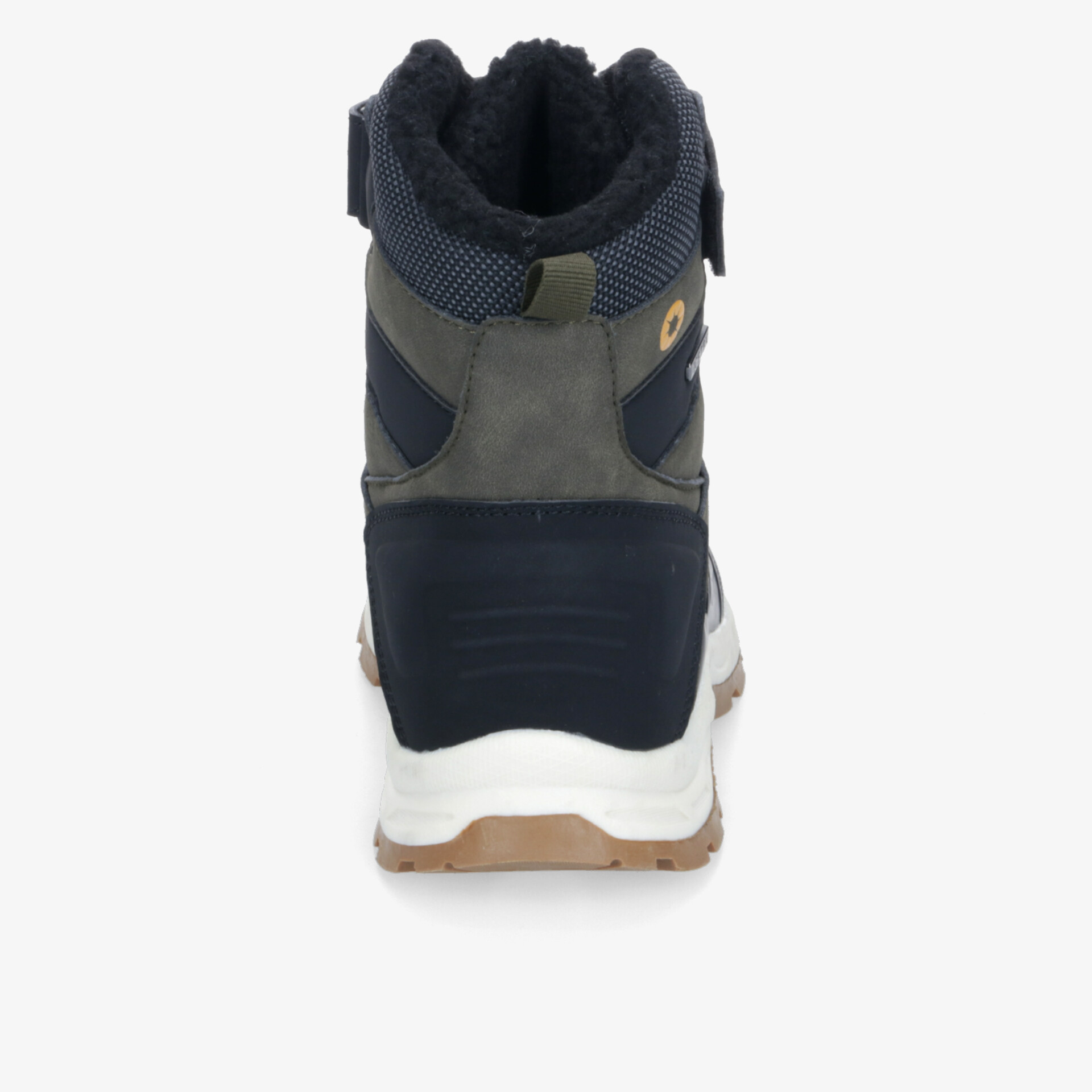 Robuster Wander- oder Outdoor-Schuh mit gepolstertem Schaft und griffiger Gummisohle in Rückansicht