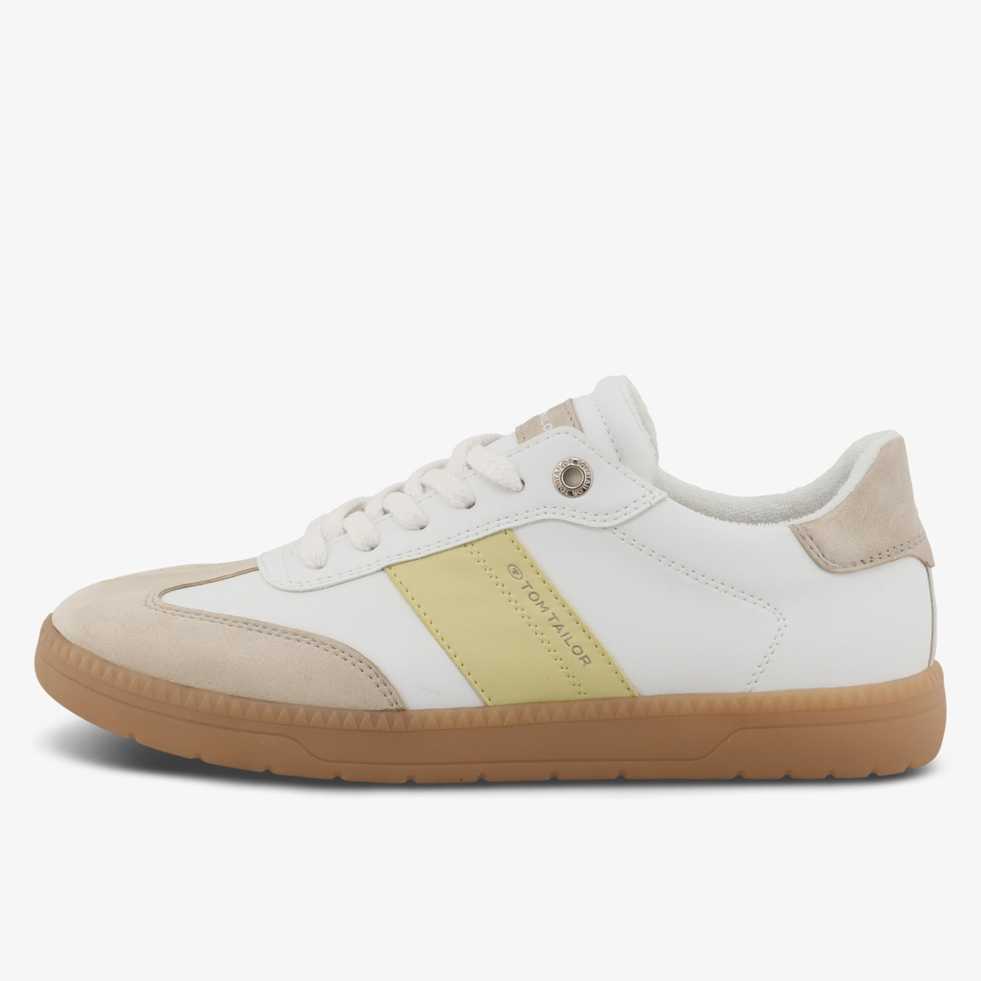 Moderner weiß-beiger Sneaker mit rutschfester brauner Sohle und angenehmem Tragekomfort, schlankes Design