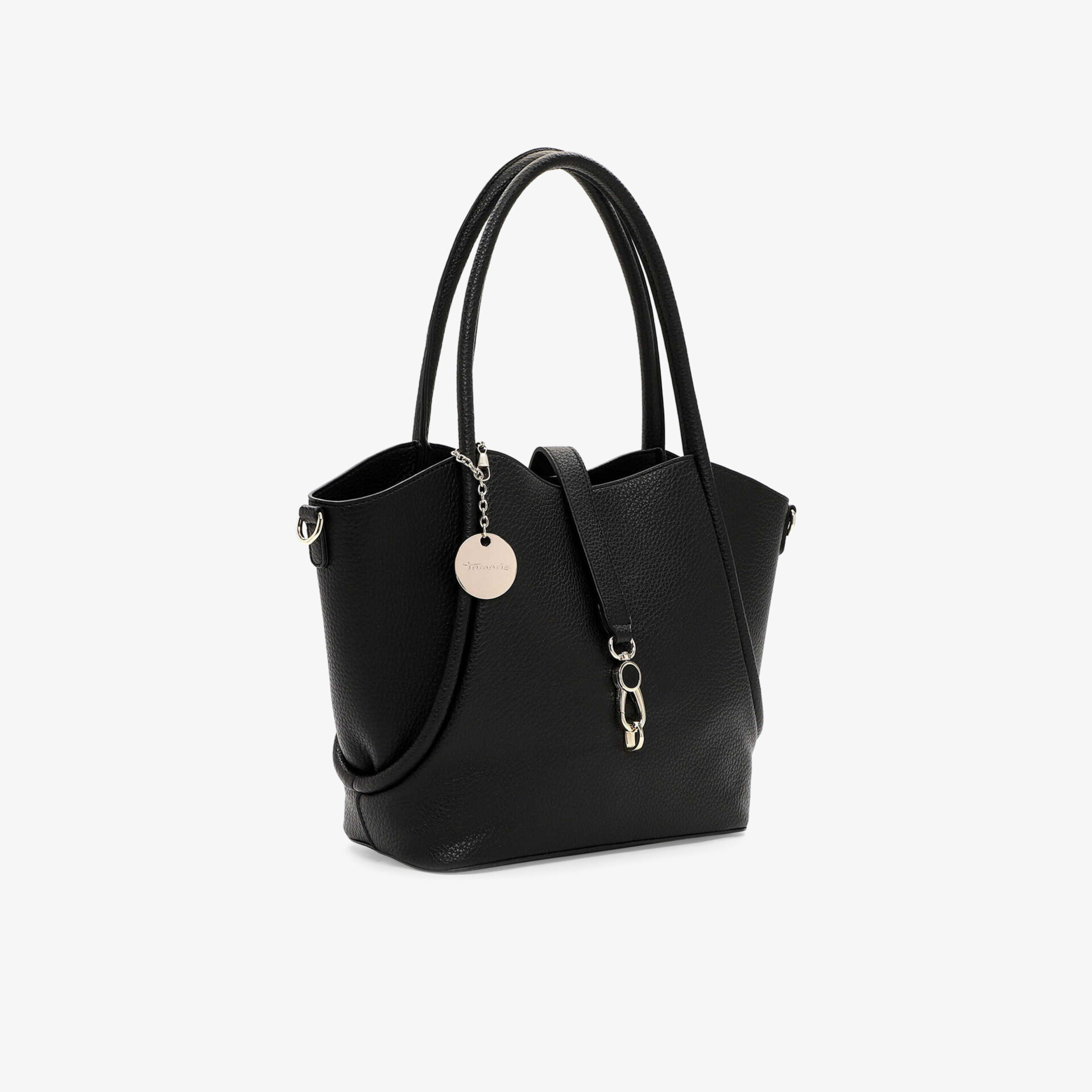 Schwarze elegante Handtasche in 3/4 Ansicht mit großzügigem Stauraum und hochwertiger Verarbeitung