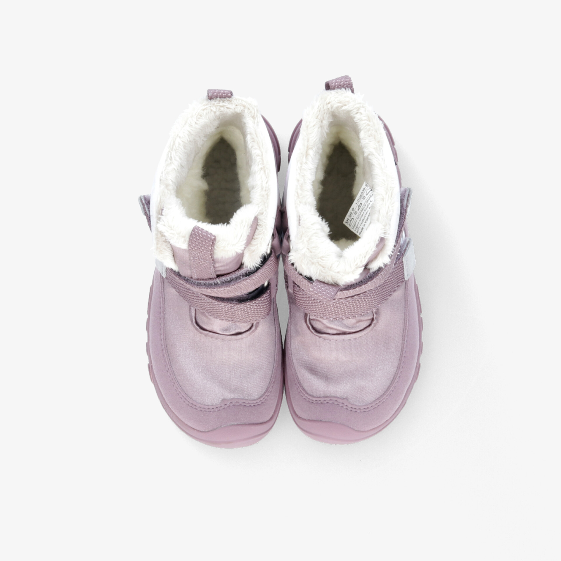 Paar lila Kinder-Winterstiefel mit warmem Innenfutter und robuster, rutschfester Sohle, bequem und wetterfest