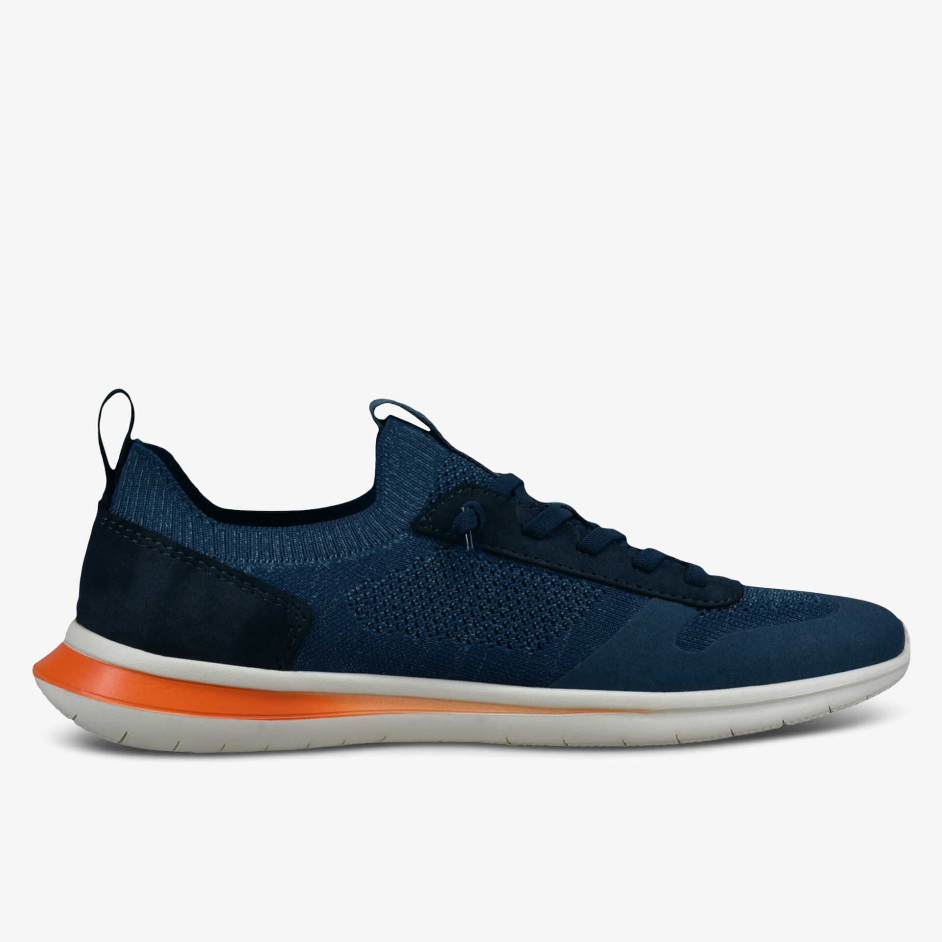 Moderner blauer Schuh mit orangefarbenem Akzent und flexibler Sohle