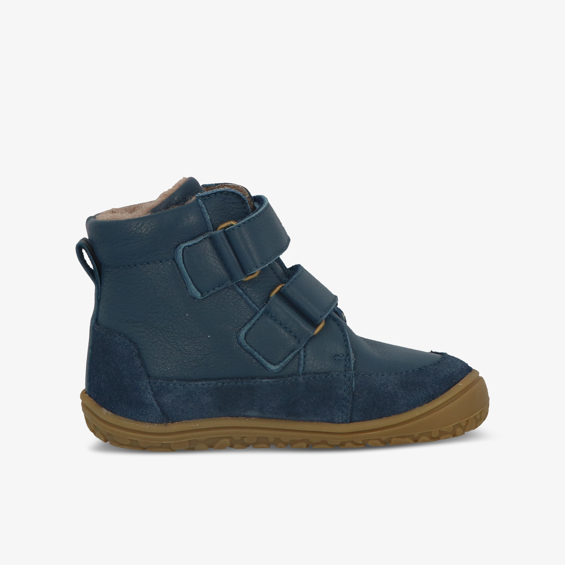 Blauer Winterstiefel mit warmer Innenfütterung, zwei Klettverschlüssen und rutschfester brauner Sohle, seitliche Ansicht