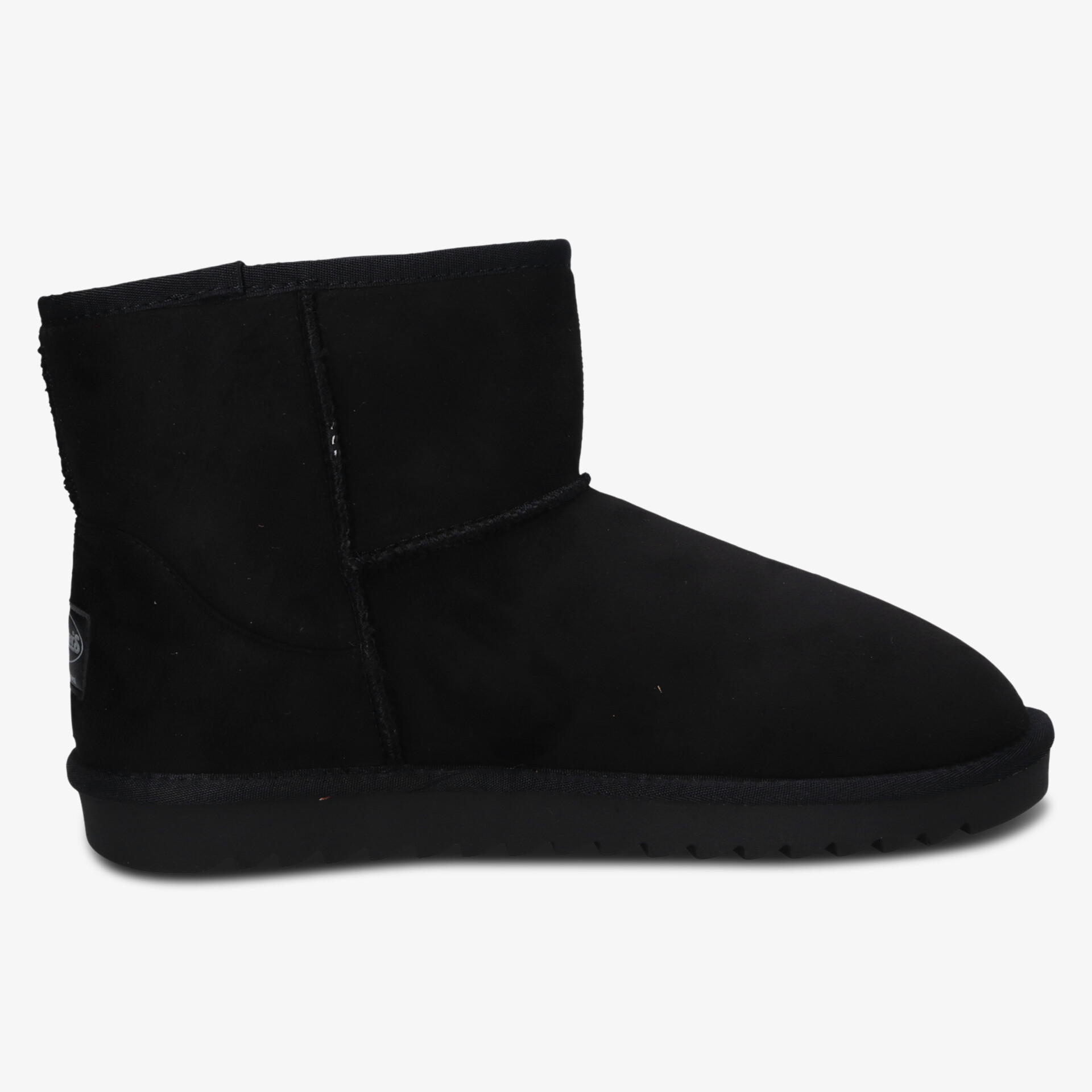 Schlichter schwarzer Bootsschuh seitliche Ansicht mit weichem, warmem Material und komfortabler Passform