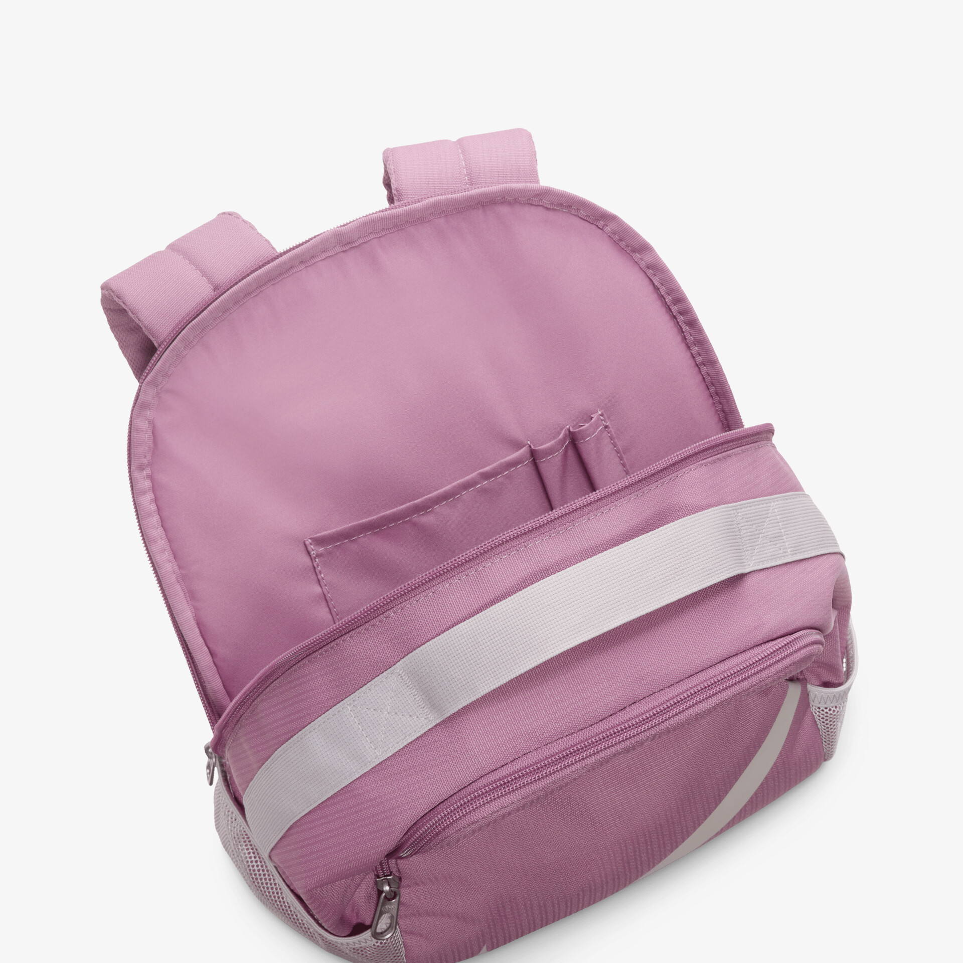 Leichter rosa Rucksack mit robusten Reißverschlüssen und praktischem Frontfach in klarer Frontansicht