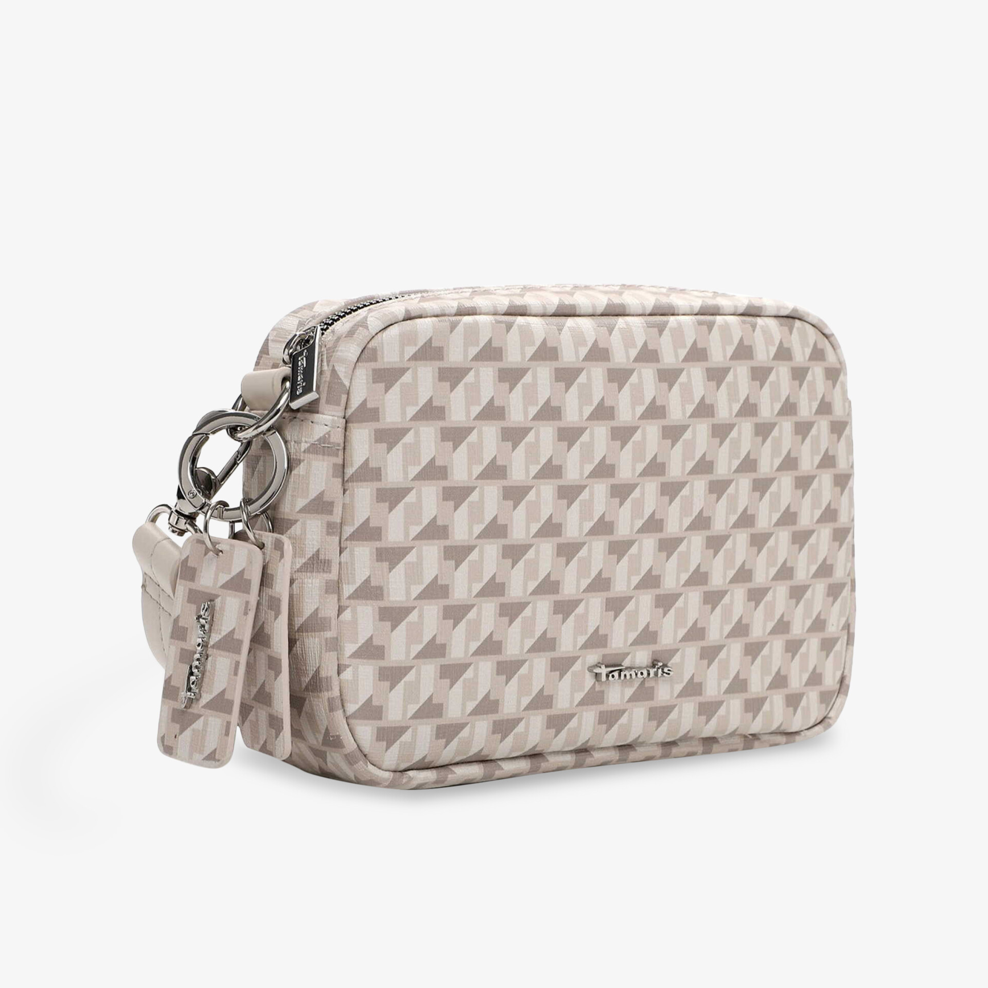 Kompakte beige Tasche mit geometrischem Muster und Reißverschluss, elegant und praktisch