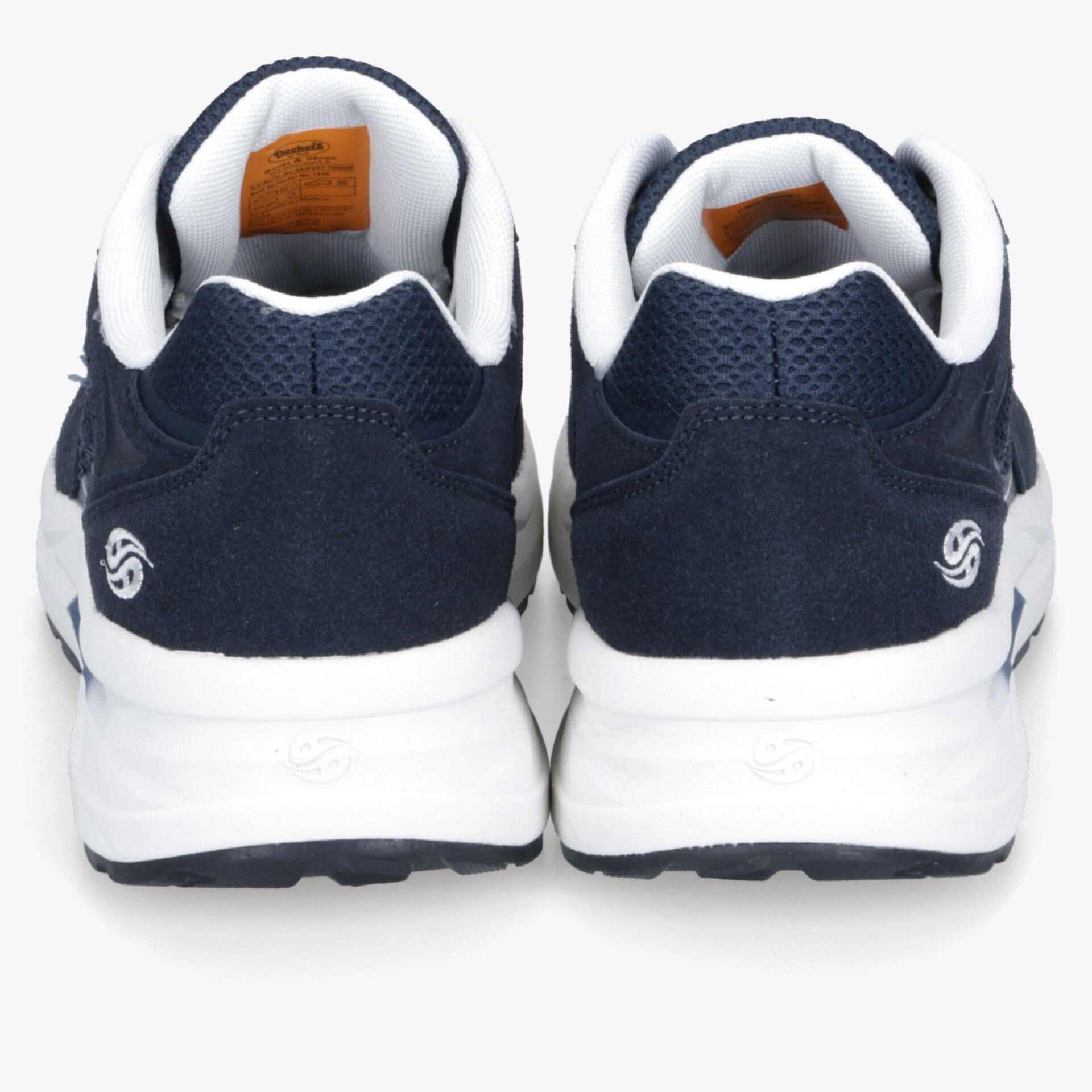 Rückansicht von zwei dunkelblauen Sportschuhen mit weißer Sohle und sportlichem Design