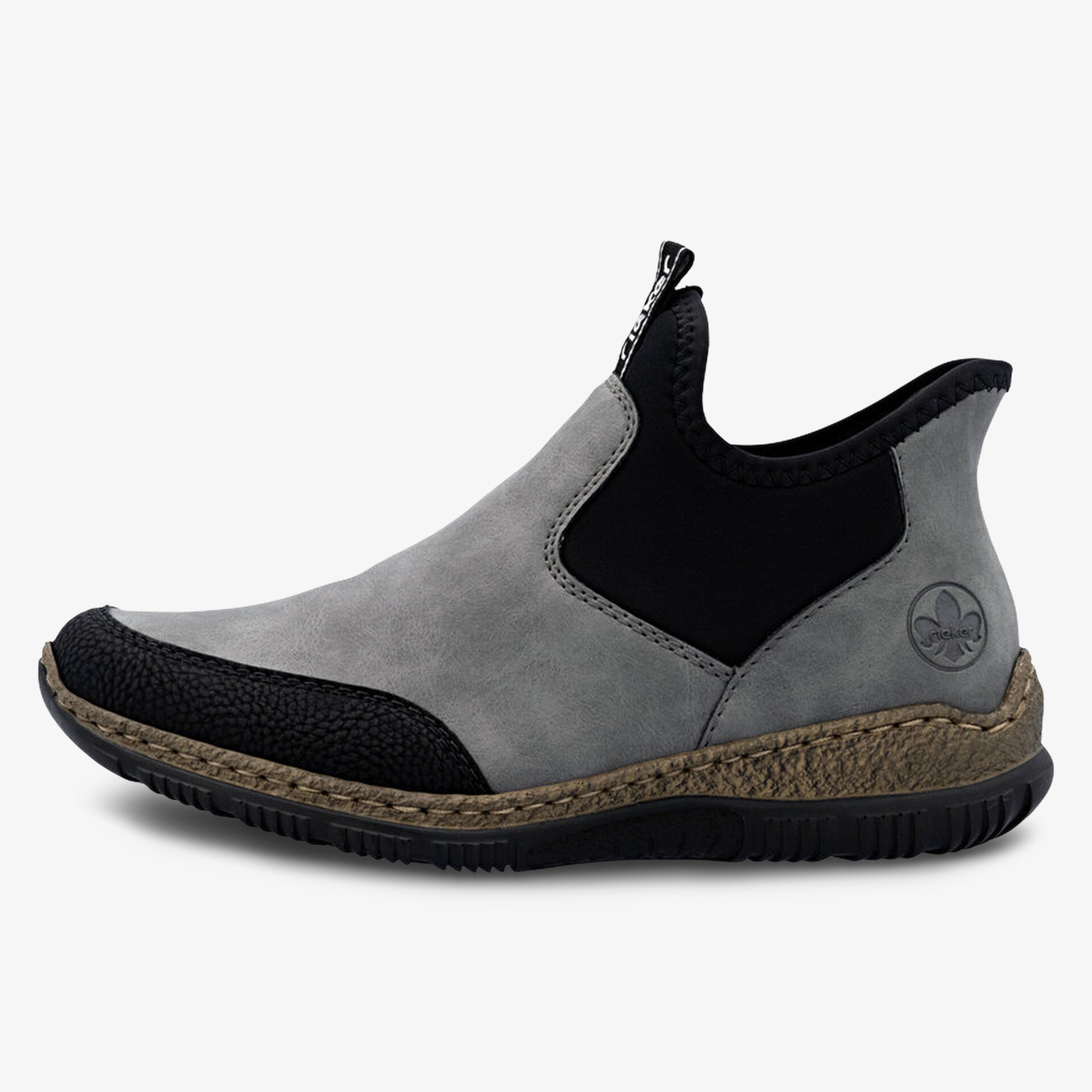 Bequemer grauer Schuh mit elastischem Einsatz und robuster Sohle für angenehmen Tragekomfort und modernen Stil