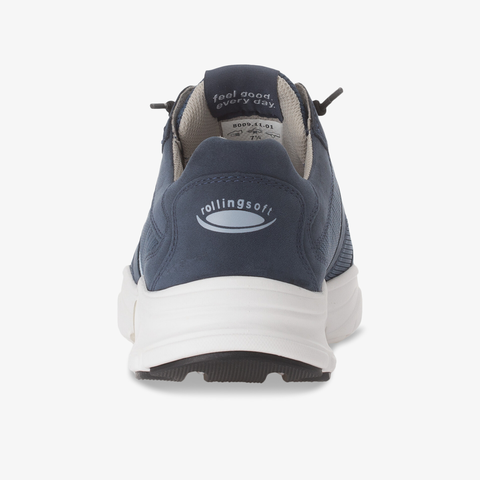 Rückansicht eines blauen Rollingssoft Sneakers mit weißer Sohle, bequem und leicht für optimalen Tragekomfort