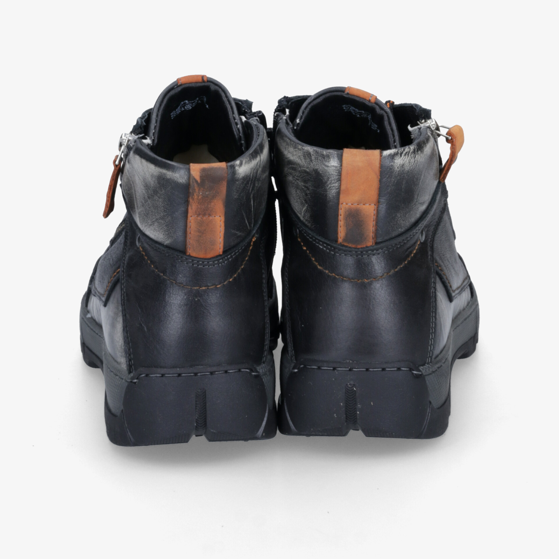 Schwarze Stiefeletten aus hochwertigem Leder mit praktischem Reißverschluss und robuster, rutschfester Sohle von hinten