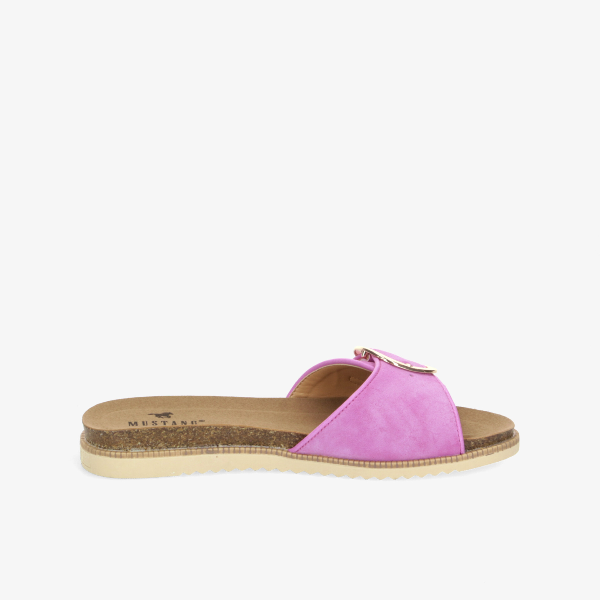 Seitliche Ansicht eines komfortablen, leichten und modischen rosa Slides mit weicher Sohle und einfachem Einstieg