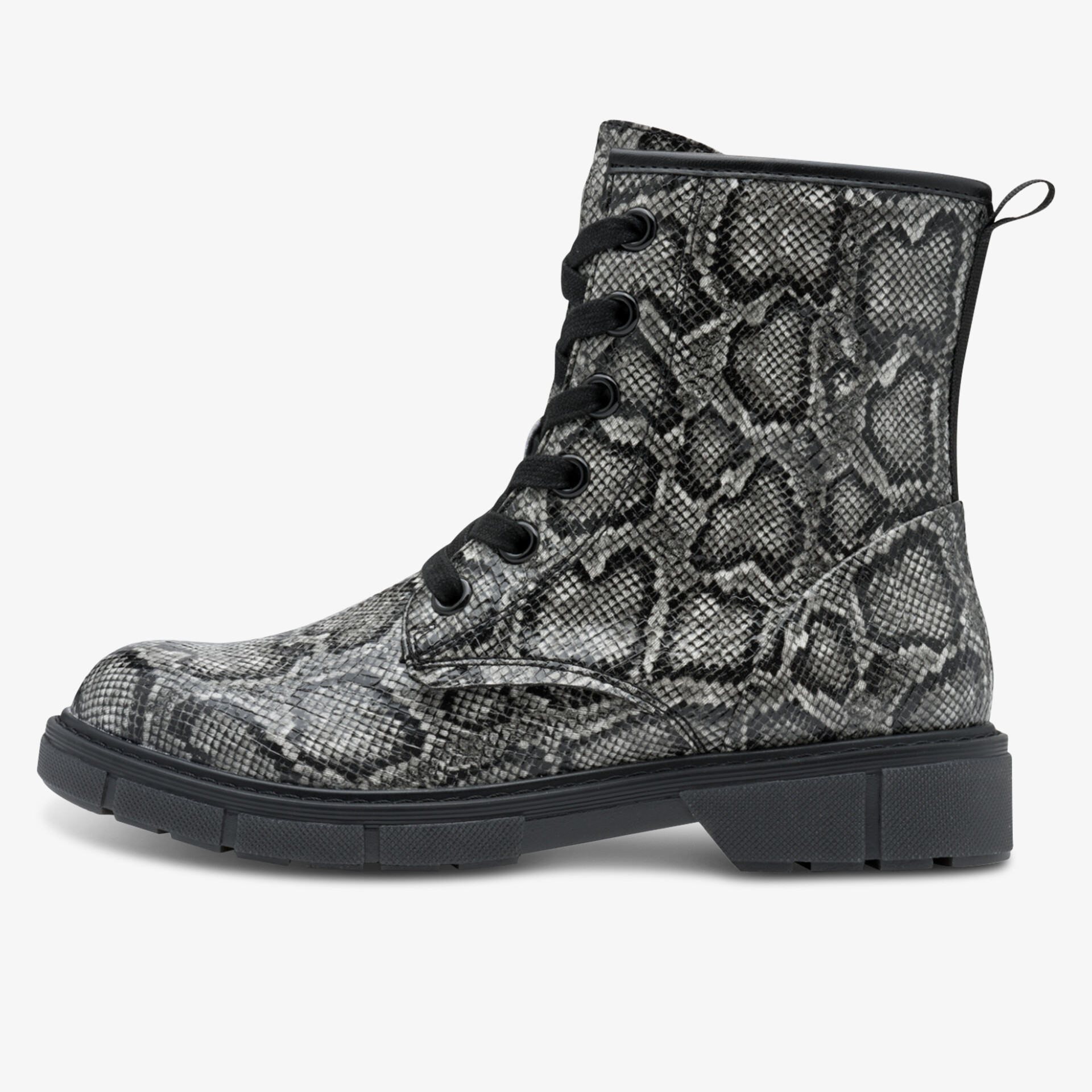 Modischer Schnürstiefel mit modernem Schlangenledermuster und robuster Gummisohle seitliche Ansicht