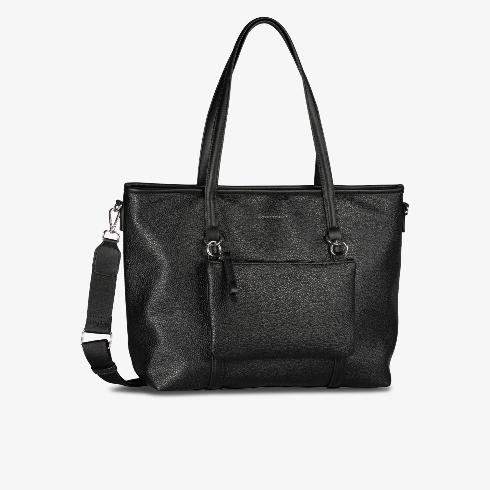 Elegante schwarze große Handtasche mit praktischem Außenfach, langem Tragegriff und verstellbarem Schulterriemen