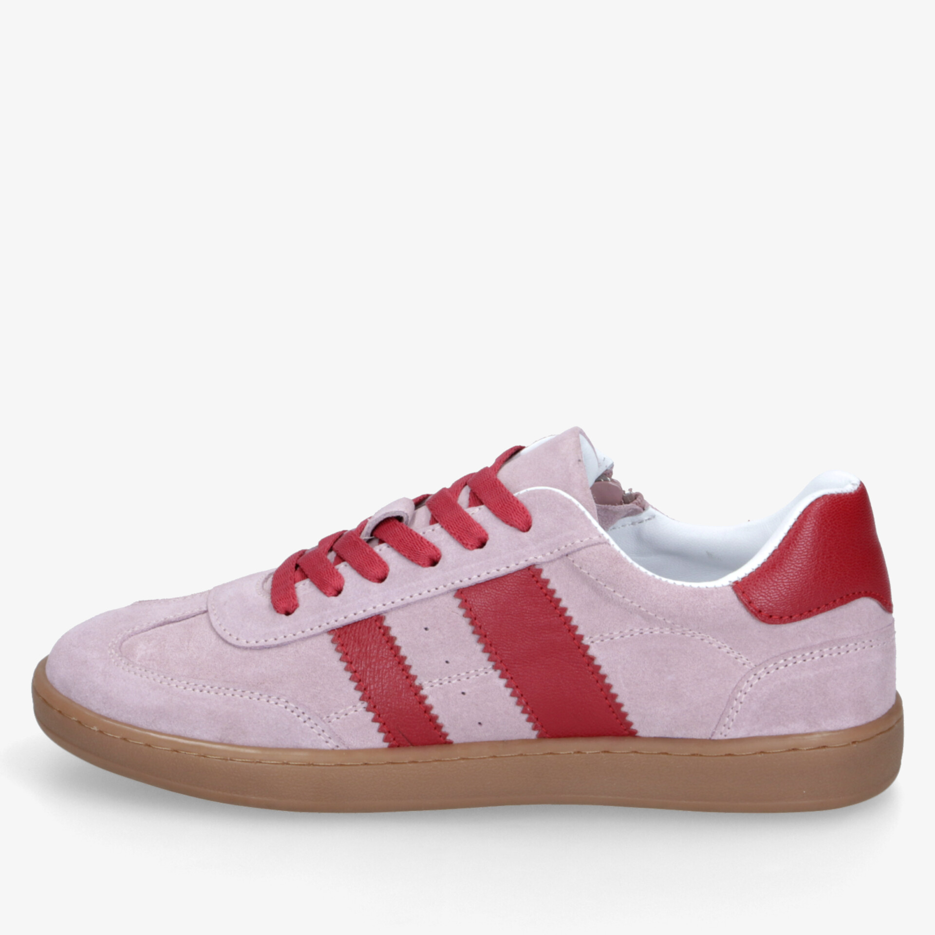 Stylischer Sneaker in Rosa mit roten Streifen, rutschfester Sohle und bequemen, atmungsaktiven Materialien