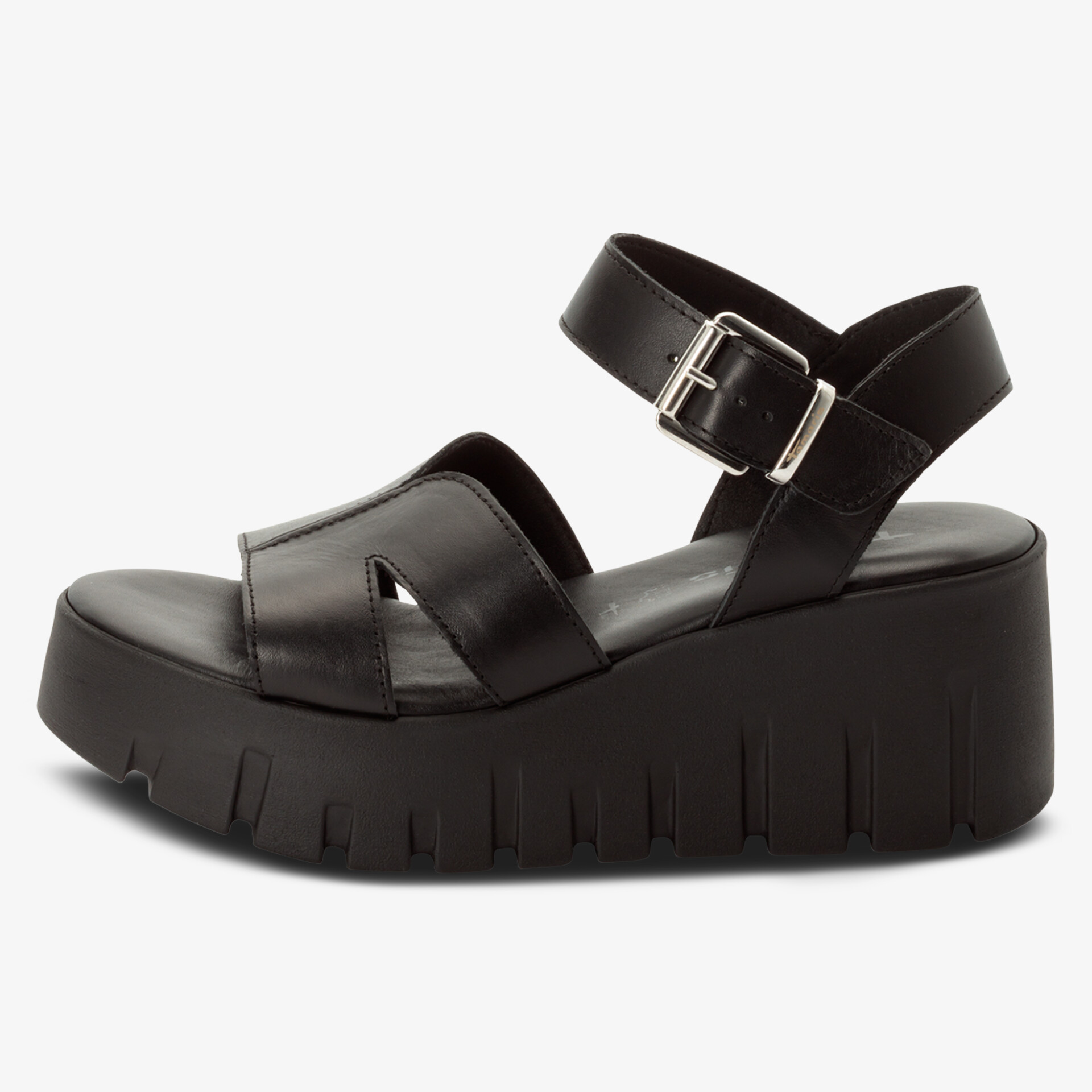 Schwarze Plateau Sandale mit verstellbarem Riemen und gepolstertem Fußbett für bequemen und stylischen Tragekomfort