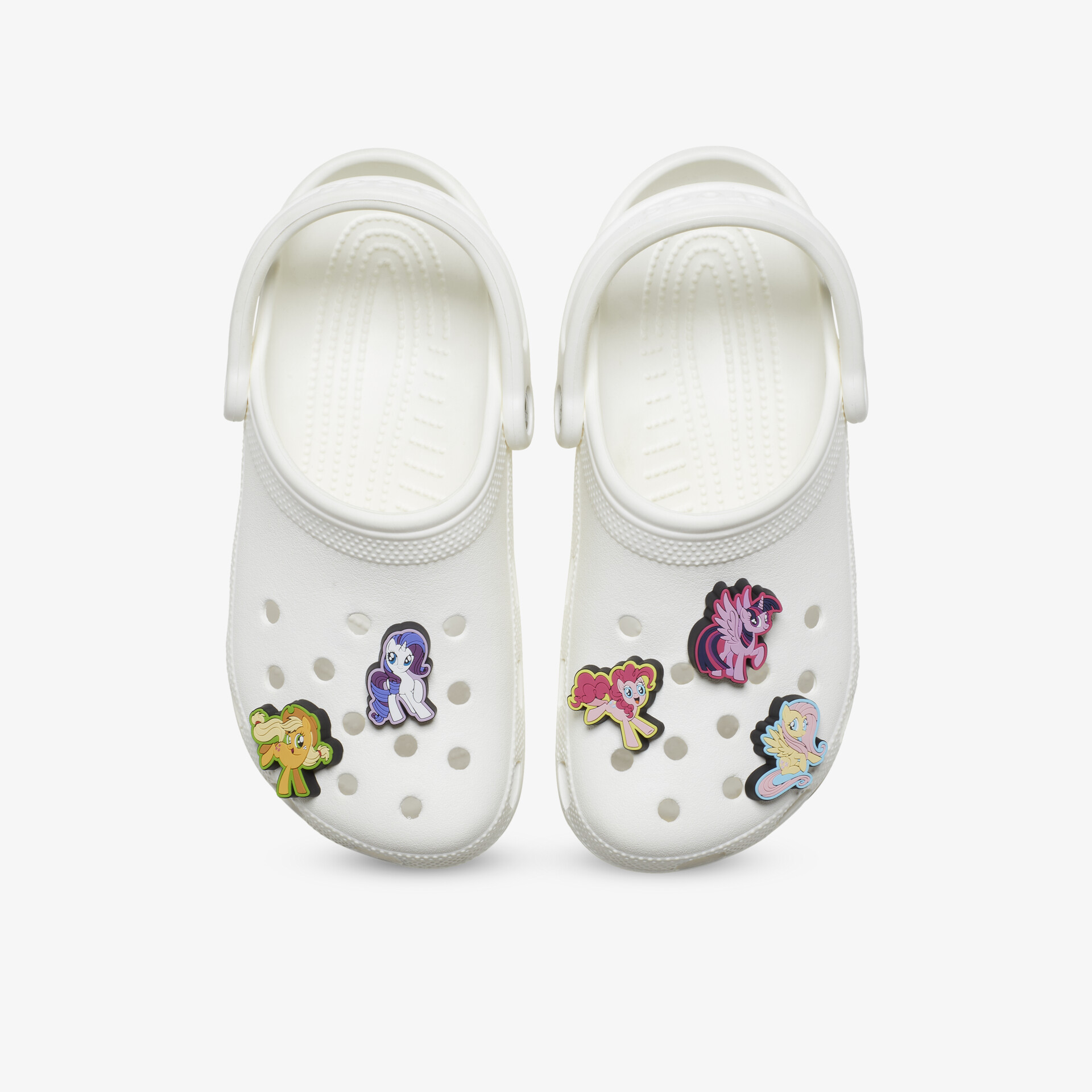 Leichte weiße Clogs mit atmungsaktiven Löchern, bequemer Passform und bunten Cartoon-Motiven auf der Oberseite