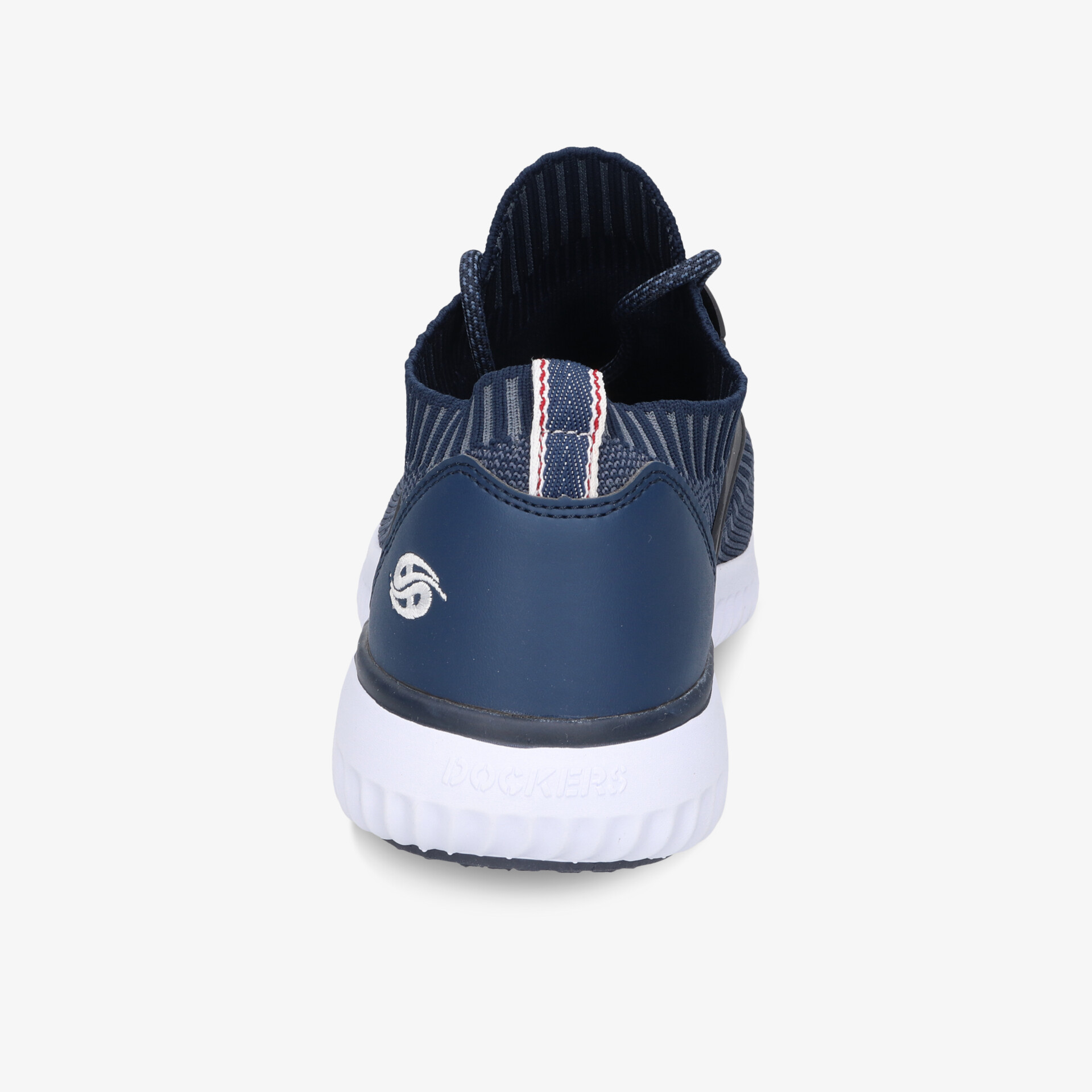 Rückansicht eines blauen Sportschuhs mit weißer Sohle, komfortabel und atmungsaktiv gestaltet